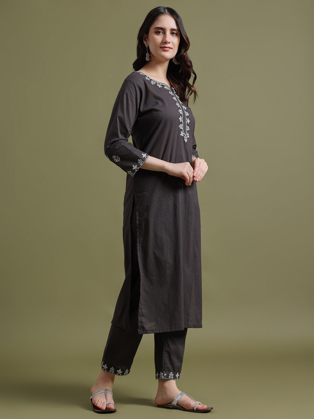 Dark Grey Embroidered Cotton Kurta and Pant Set with Dupatta