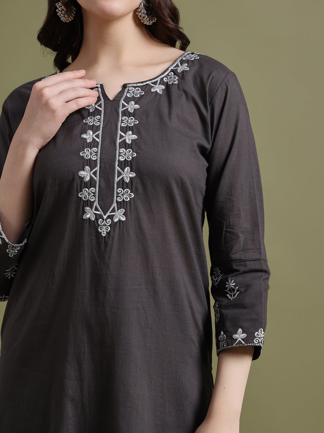 Dark Grey Embroidered Cotton Kurta and Pant Set with Dupatta