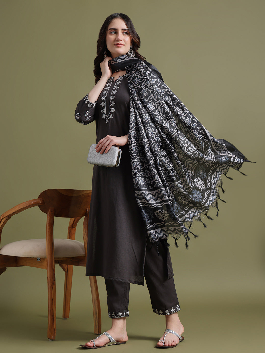 Dark Grey Embroidered Cotton Kurta and Pant Set with Dupatta