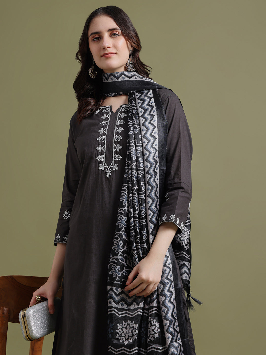 Dark Grey Embroidered Cotton Kurta and Pant Set with Dupatta