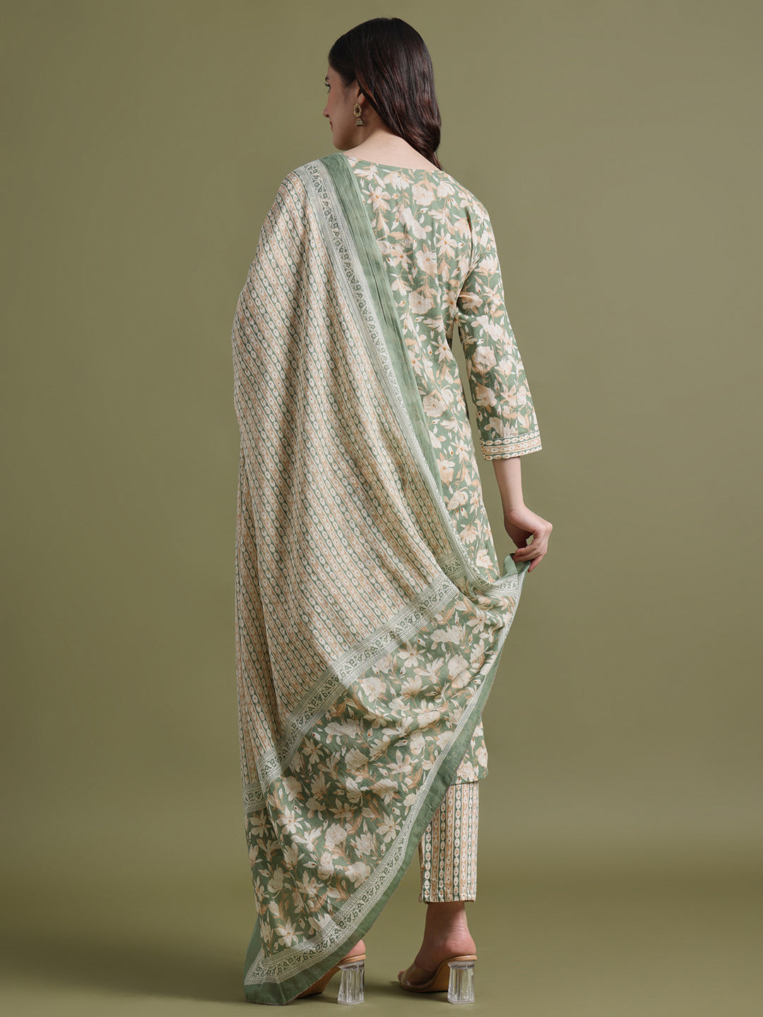 Glade Green Printed Cotton Kurta and Pant Set with Dupatta