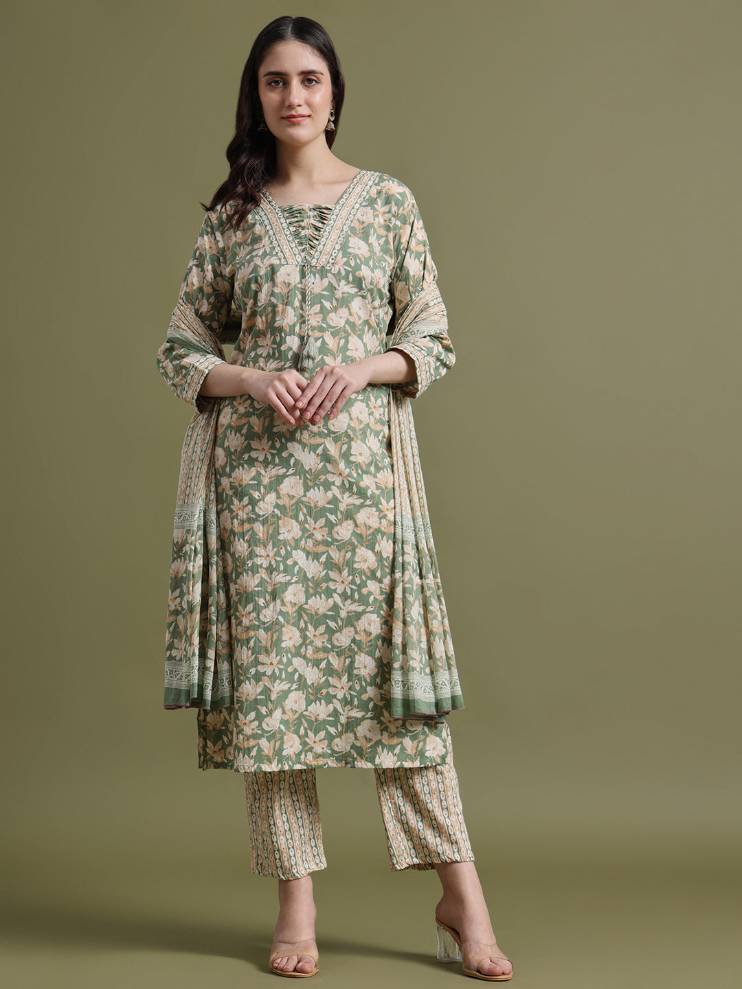 Glade Green Printed Cotton Kurta and Pant Set with Dupatta