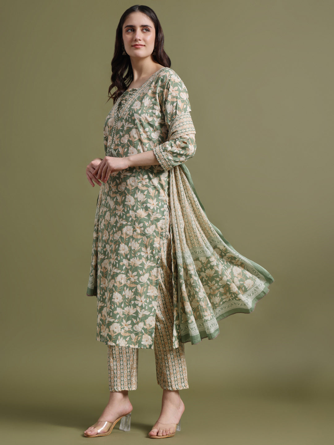 Glade Green Printed Cotton Kurta and Pant Set with Dupatta