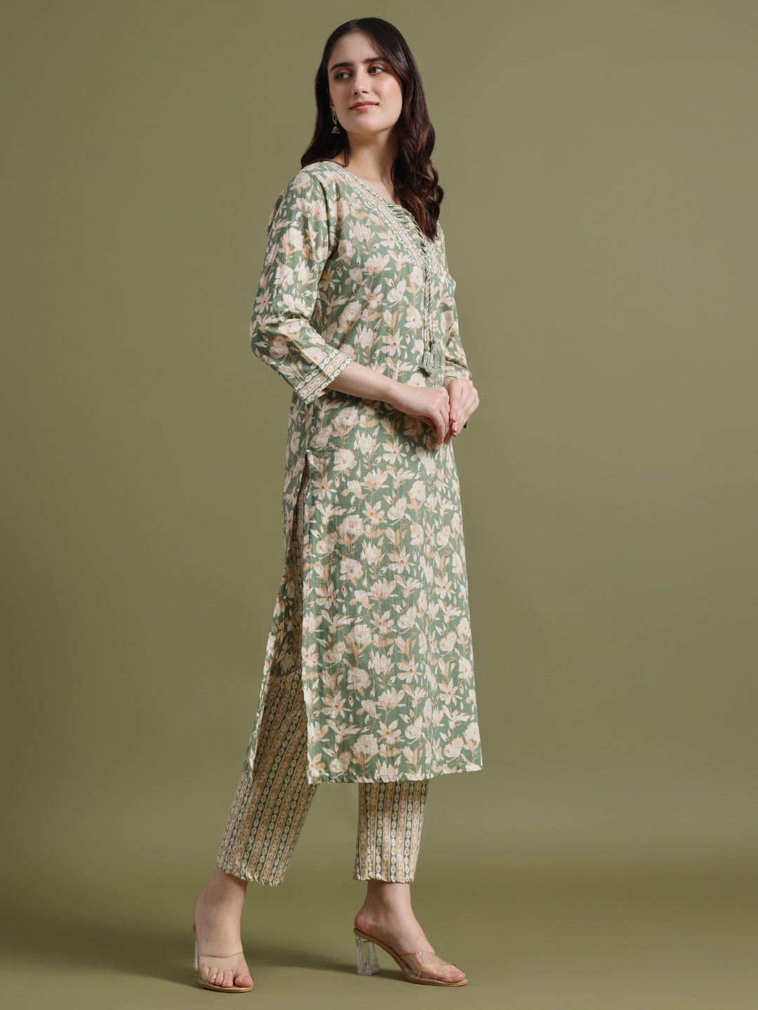 Glade Green Printed Cotton Kurta and Pant Set with Dupatta