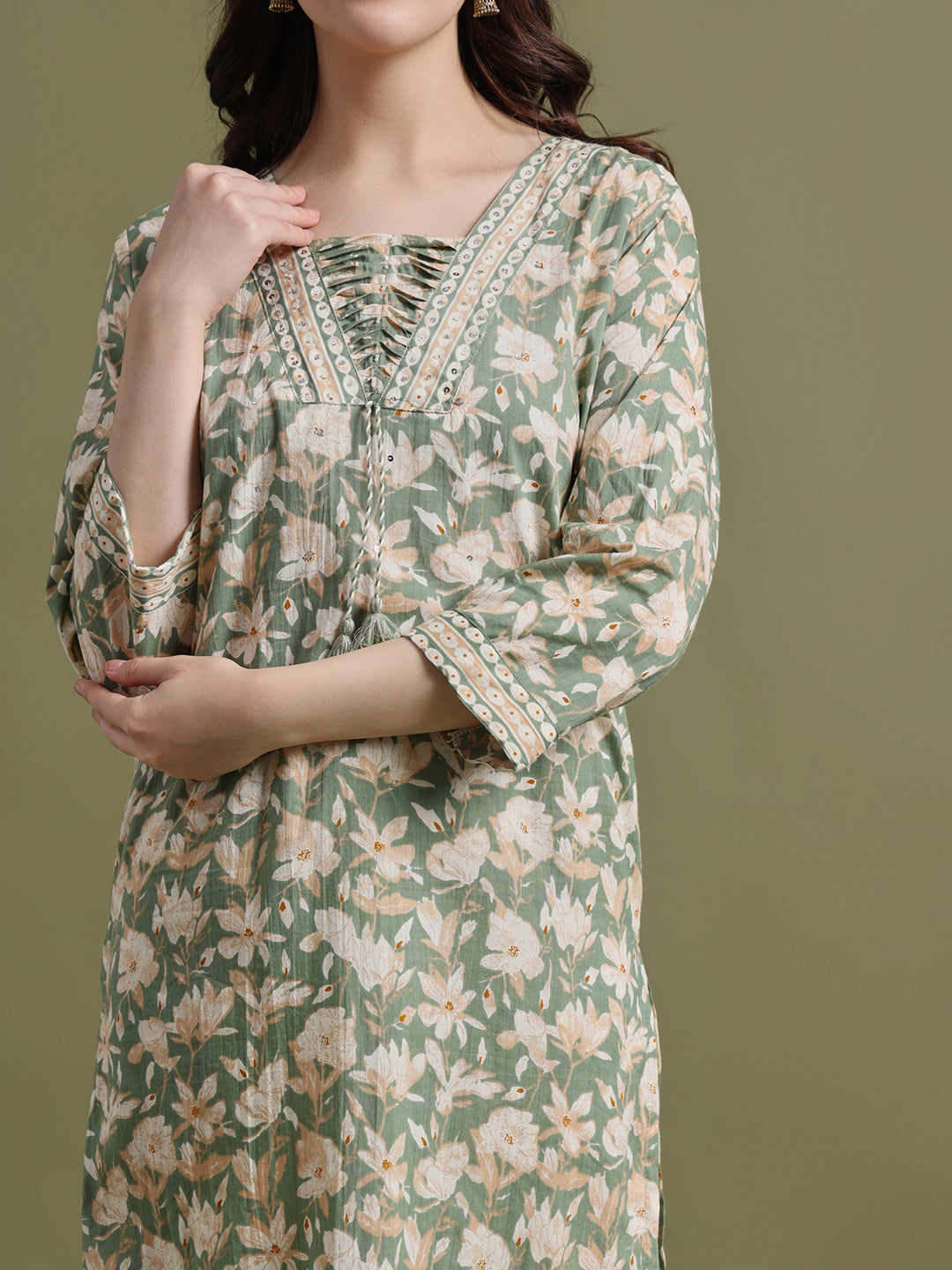 Glade Green Printed Cotton Kurta and Pant Set with Dupatta