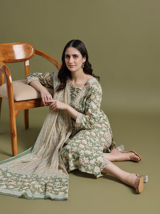 Glade Green Printed Cotton Kurta and Pant Set with Dupatta