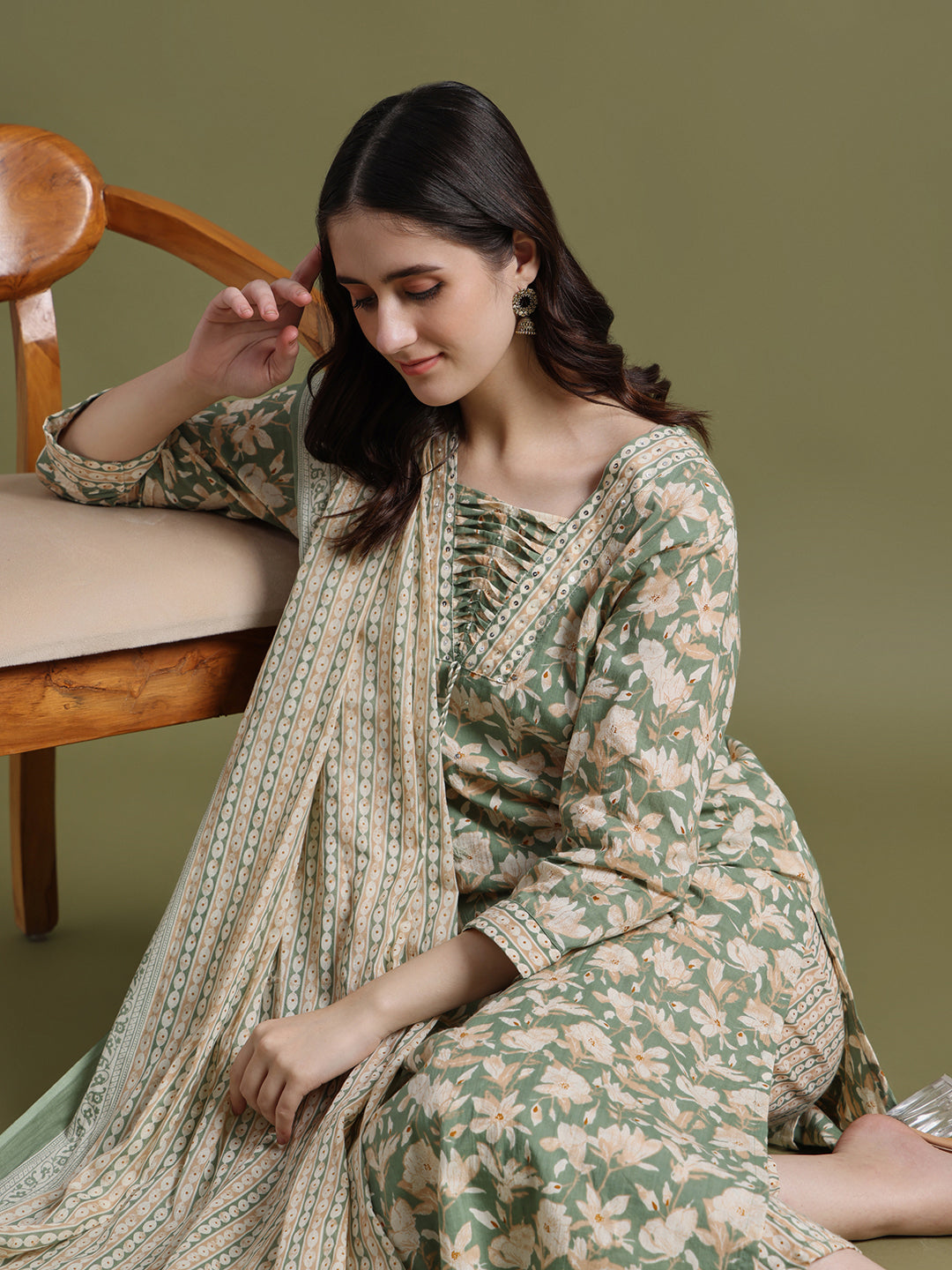 Glade Green Printed Cotton Kurta and Pant Set with Dupatta