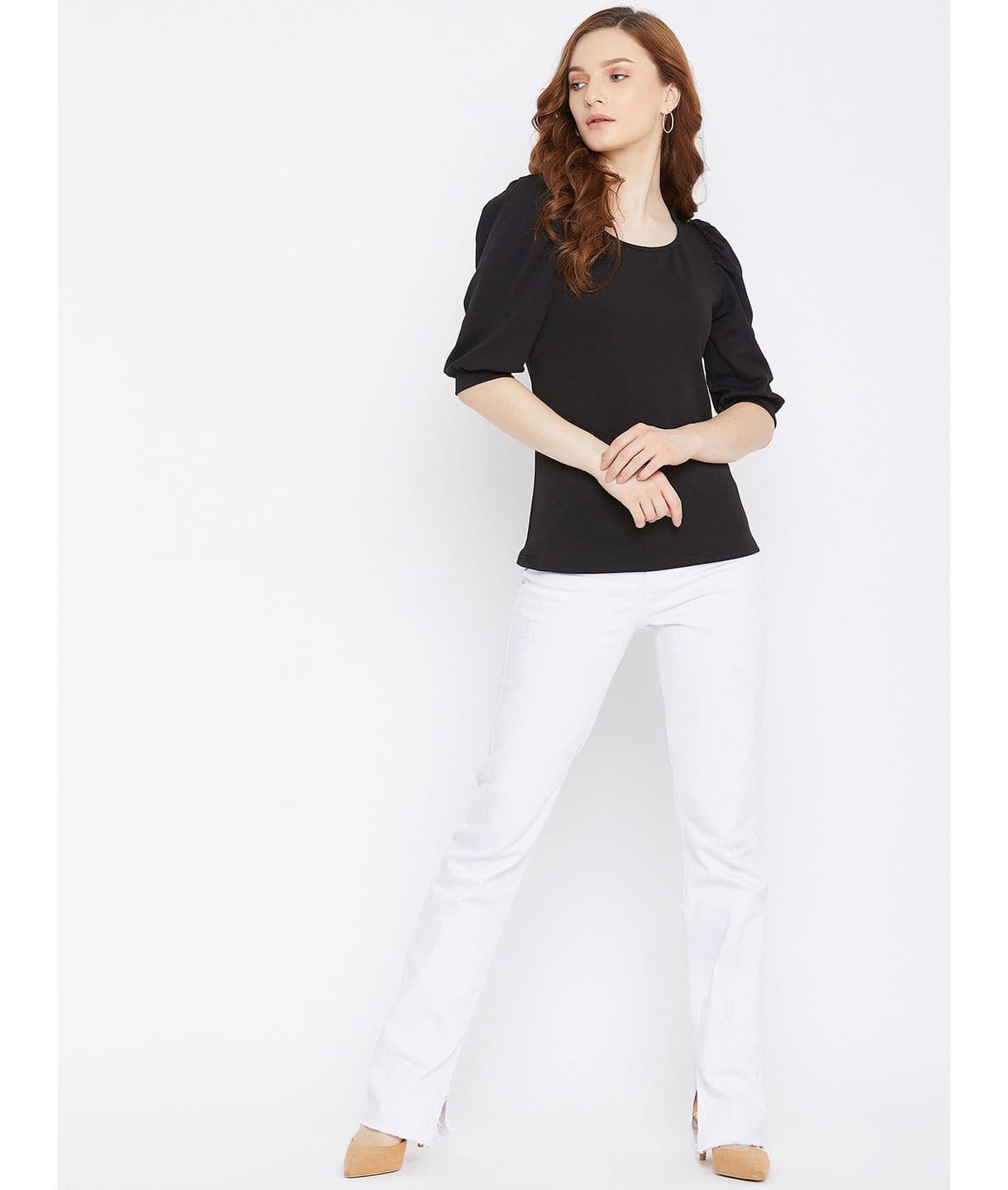 Cotton Solid Stretchable Round Neck Puff Sleeve Top