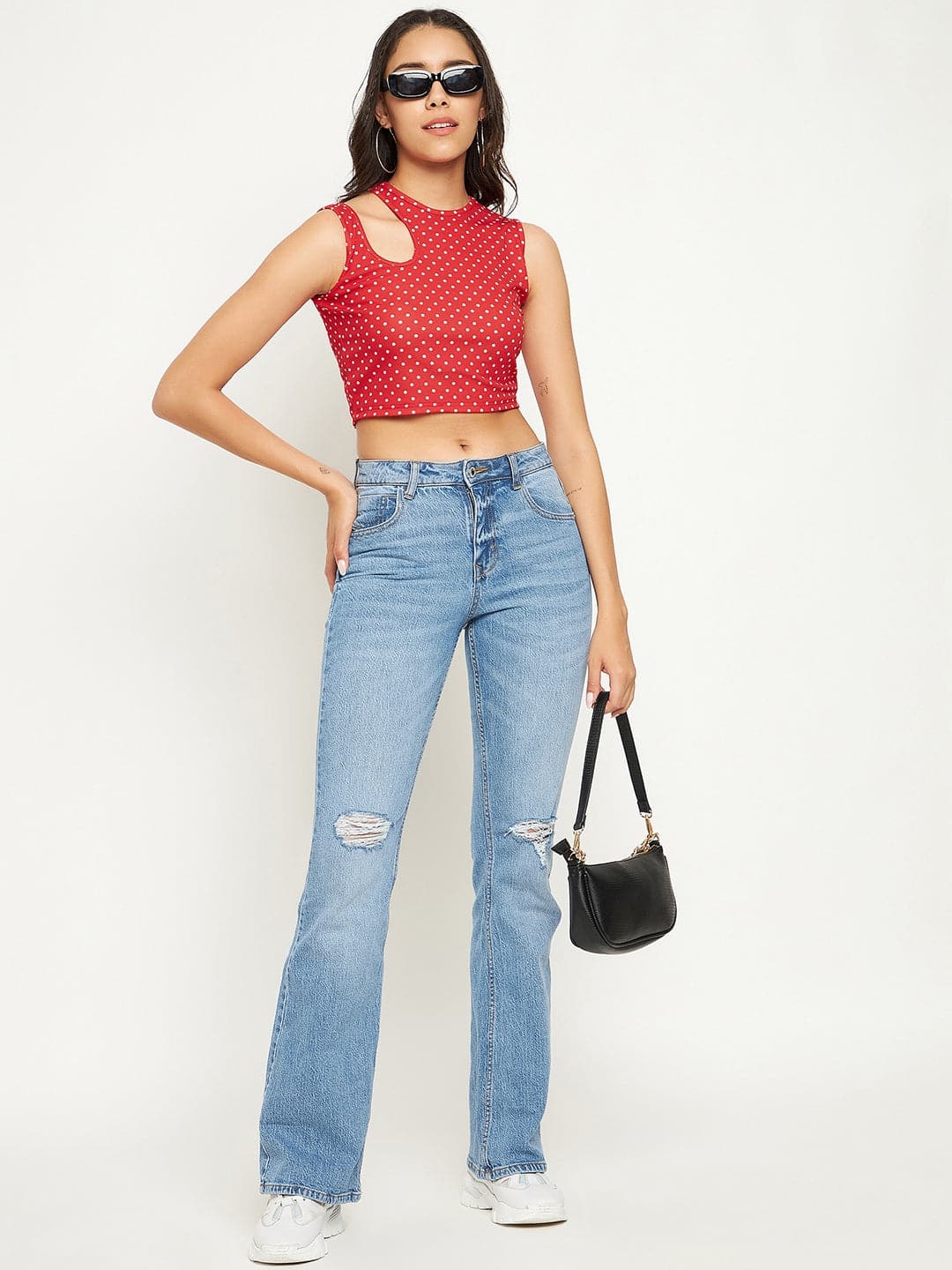 Printed Cotton Stretchable Shoulder Cutout Crop Top