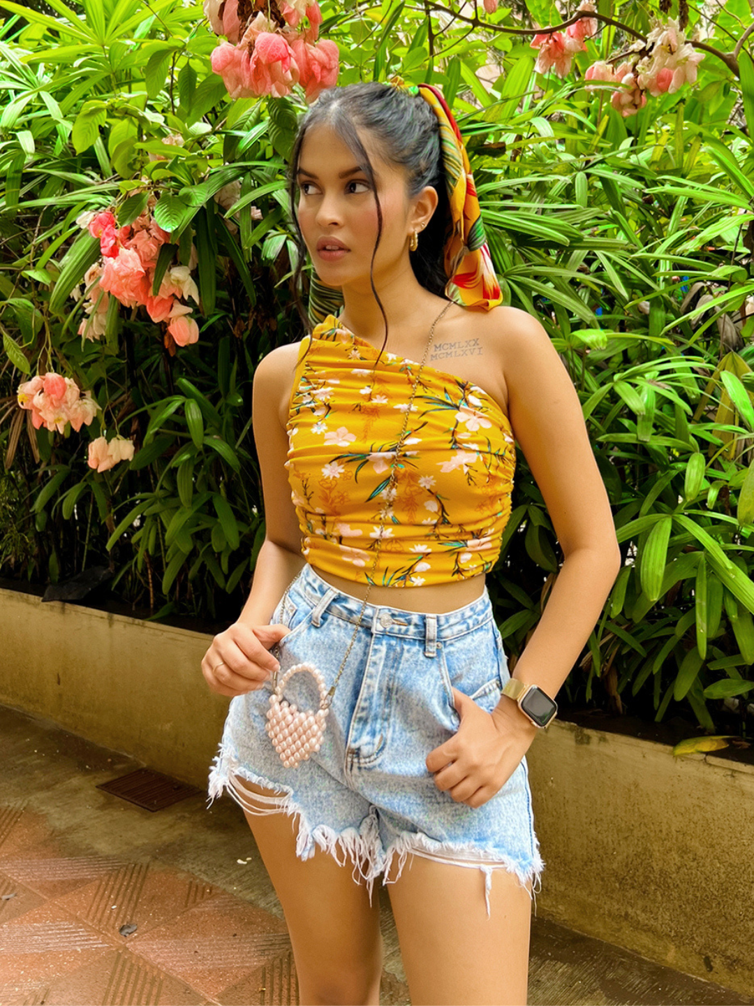 Printed Stretchable One Shoulder Top with Gathered Sides