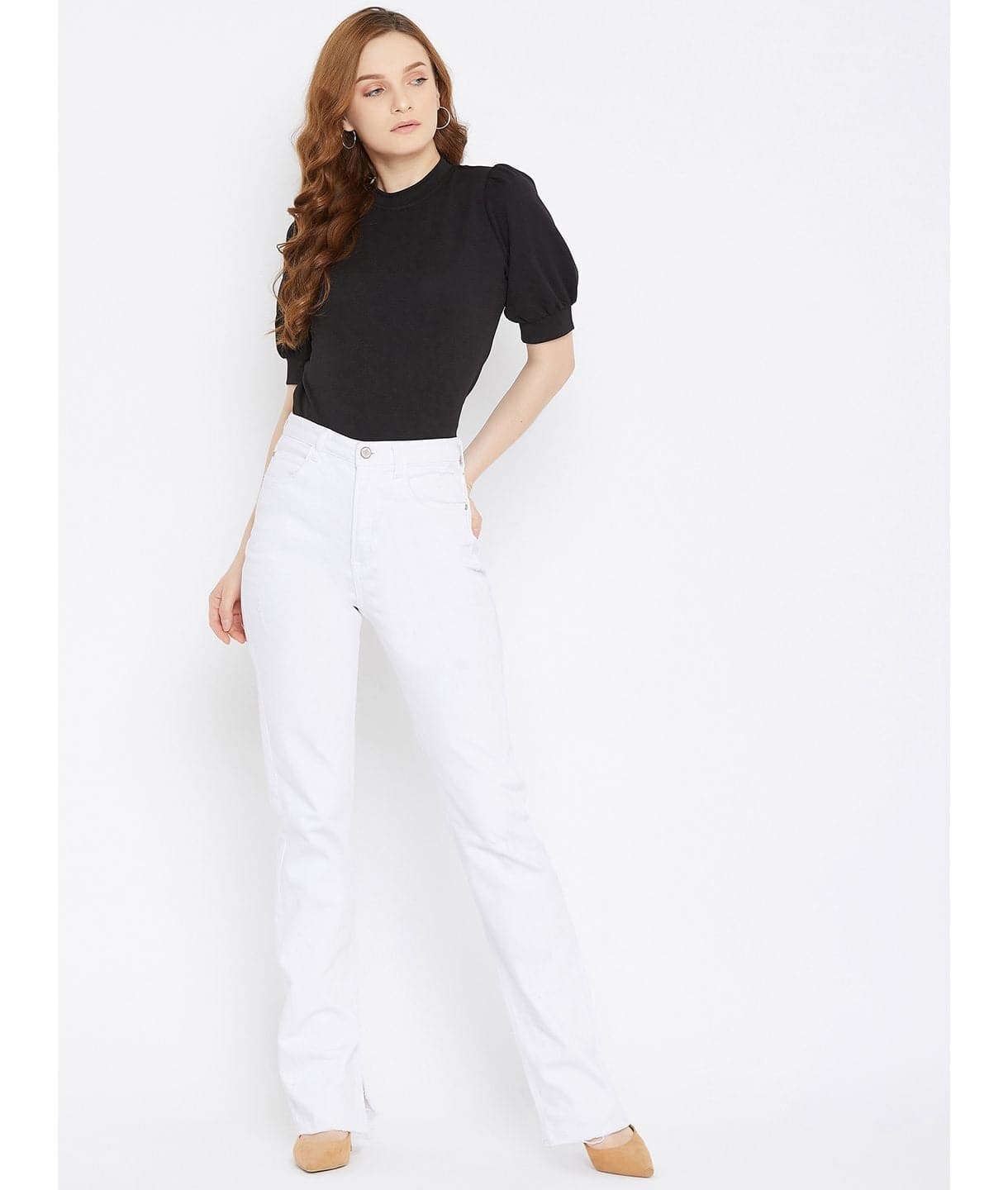 Cotton Solid Stretchable High Neck Puff Sleeve Top