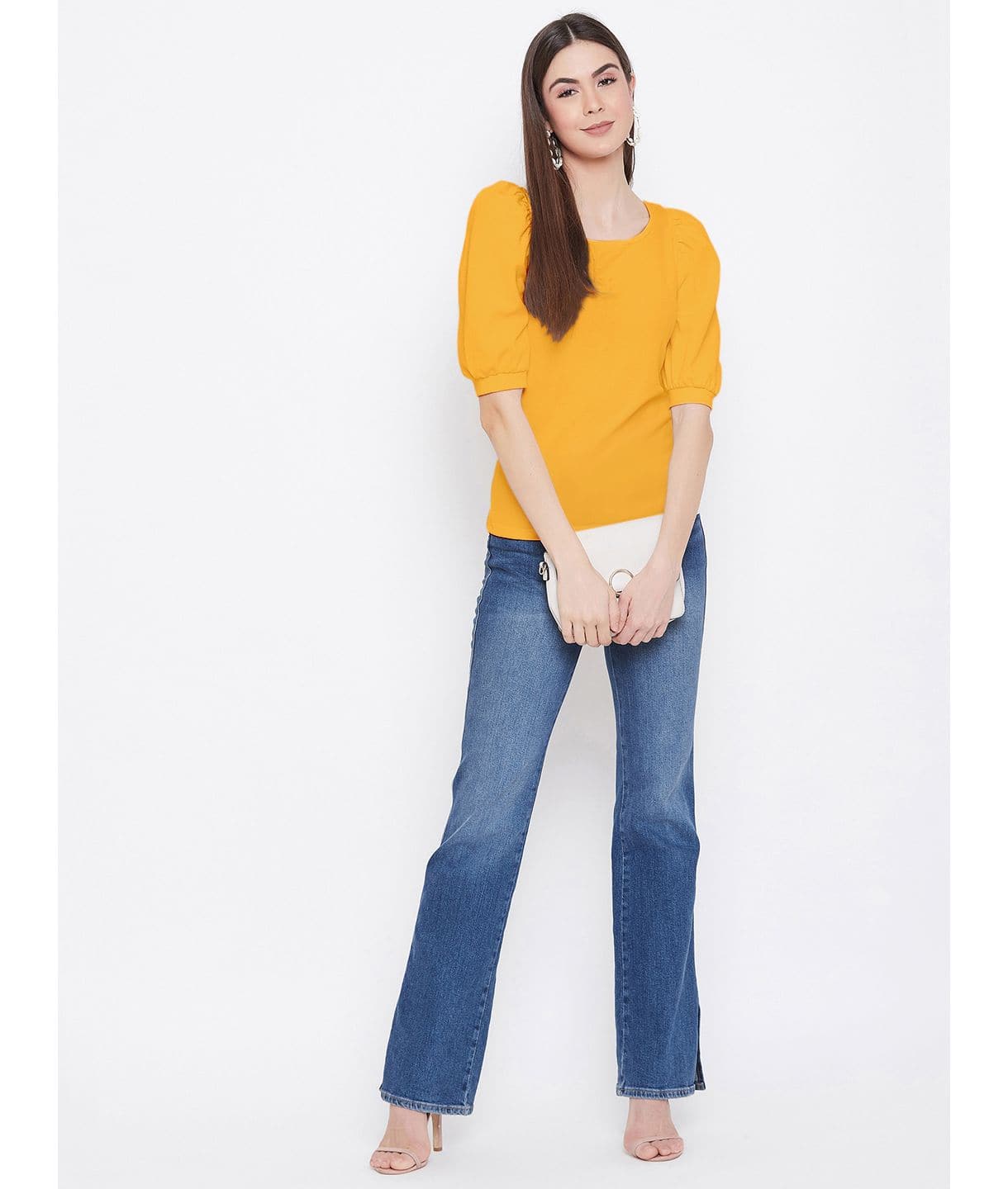 Cotton Solid Stretchable Round Neck Puff Sleeve Top