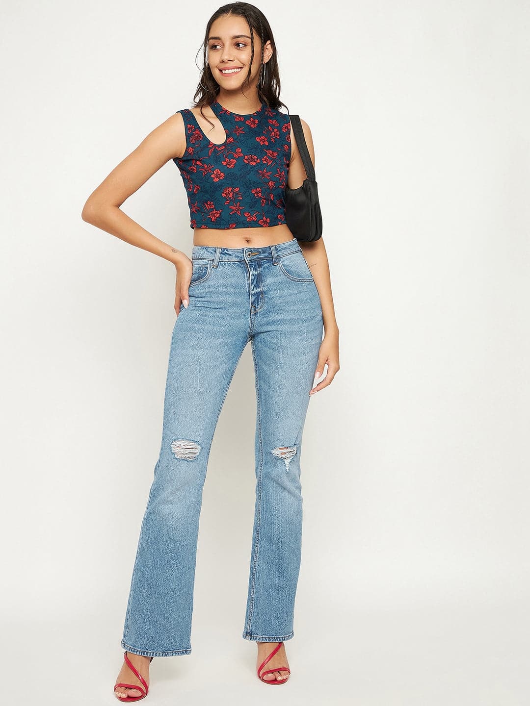 Printed Cotton Stretchable Shoulder Cutout Crop Top