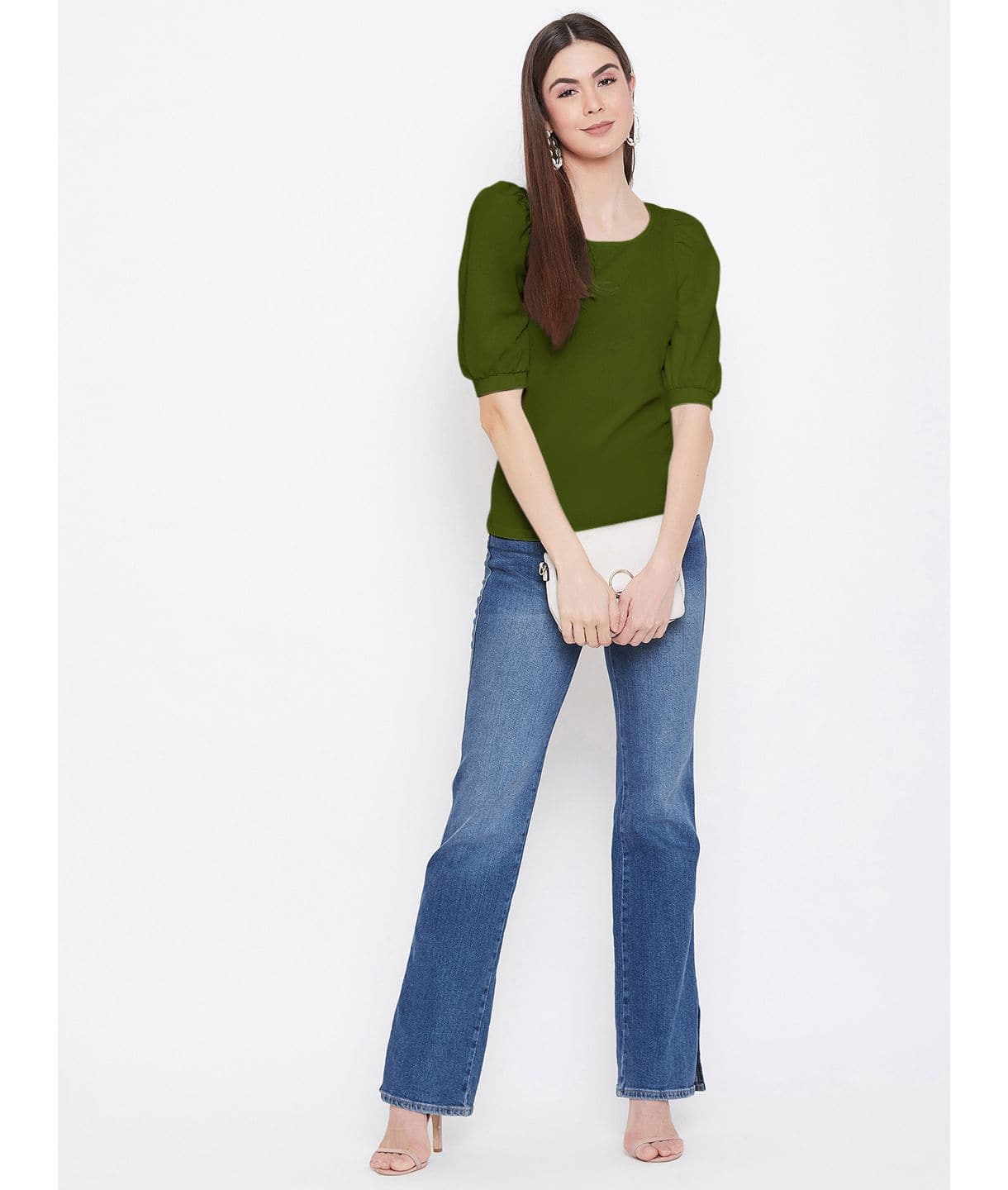 Cotton Solid Stretchable Round Neck Puff Sleeve Top