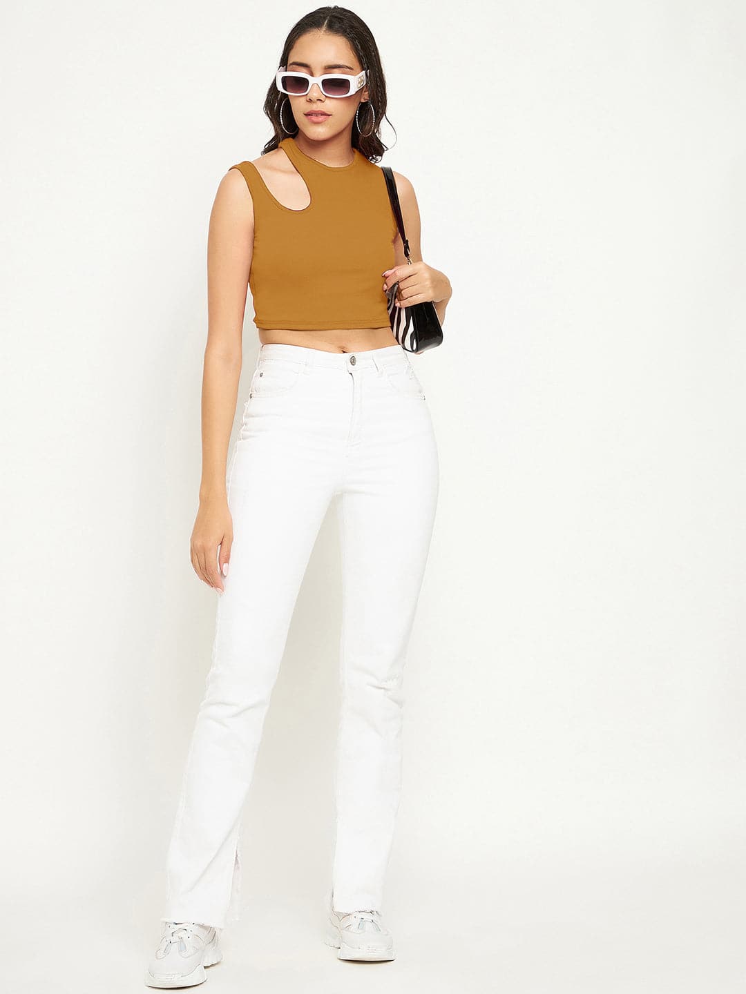 Cotton Stretchable Shoulder Cutout Crop Top