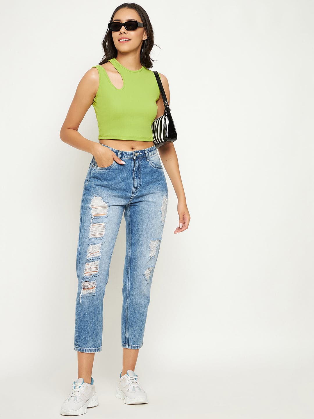 Cotton Stretchable Shoulder Cutout Crop Top