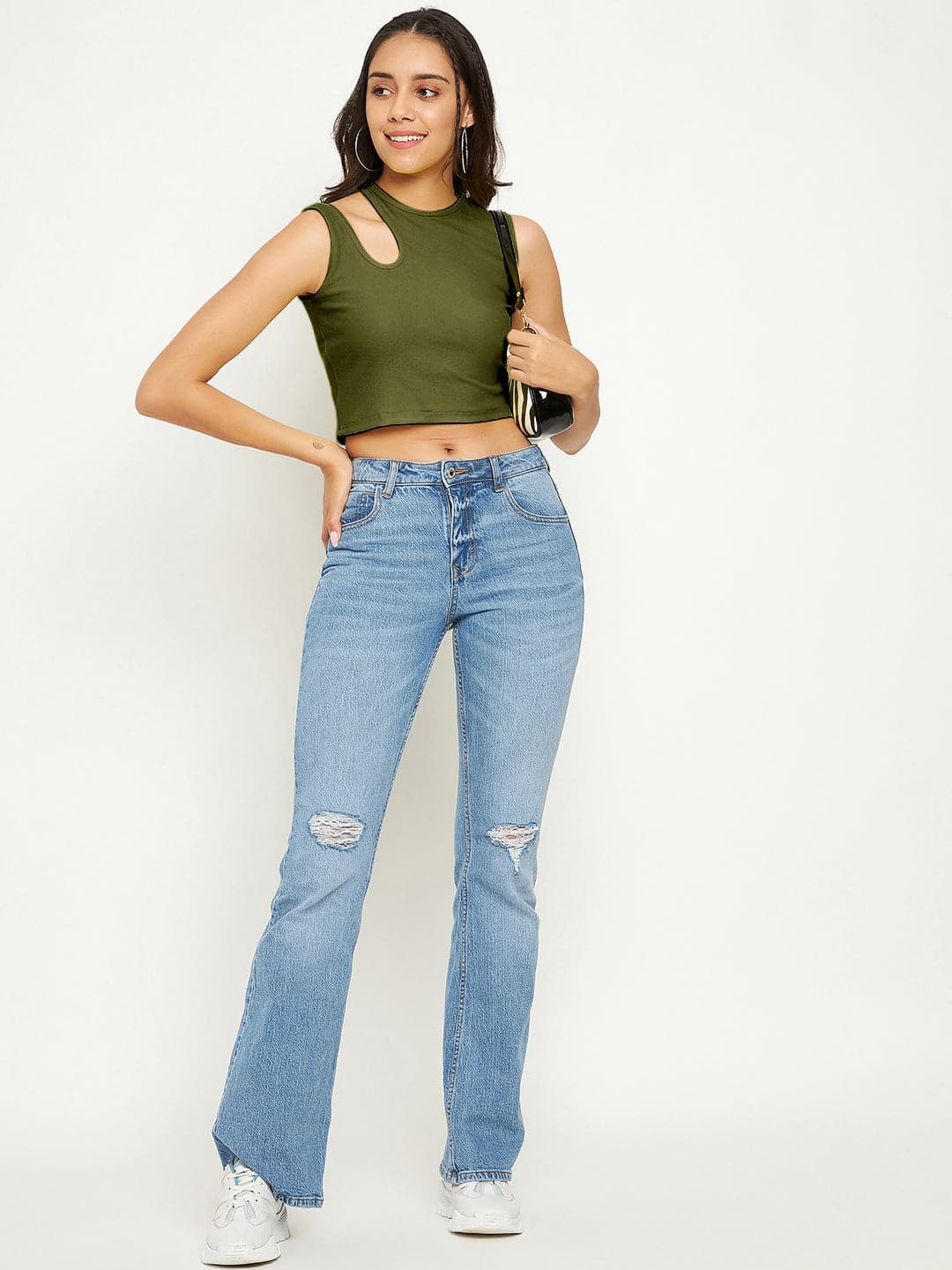 Cotton Stretchable Shoulder Cutout Crop Top