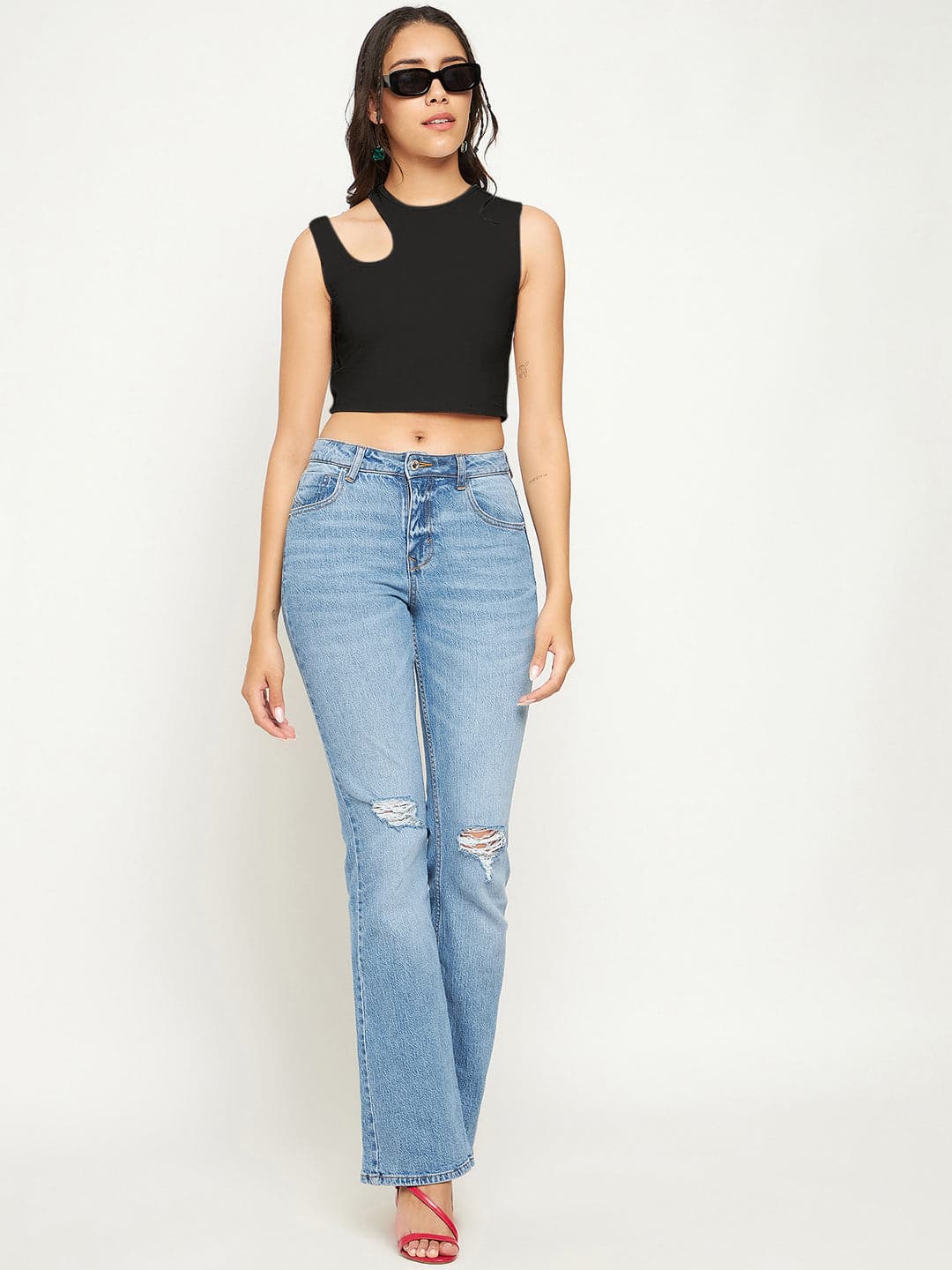 Cotton Stretchable Shoulder Cutout Crop Top