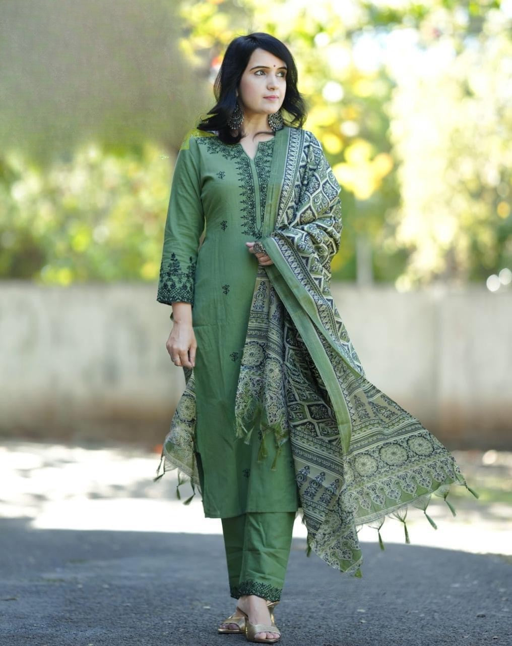 Green Embroidered Cotton Kurta and Pant Set with Dupatta