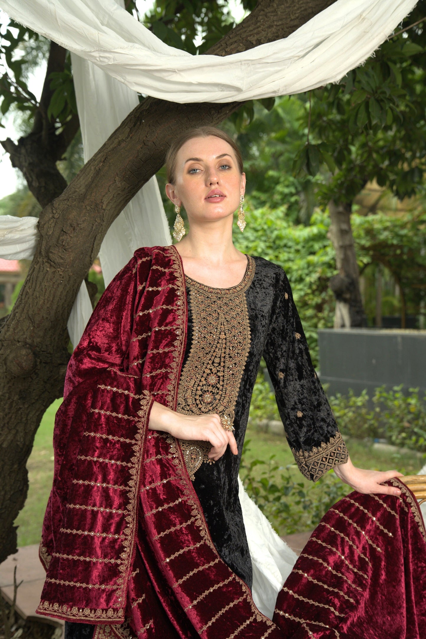 Black Red Designer Velvet Pakistani Suit Set