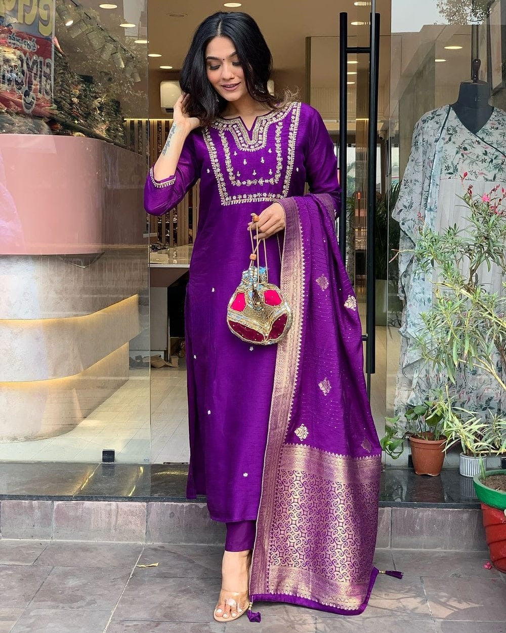 Purple Embroidered Roman Silk Suit Set with Banarasi Dupatta