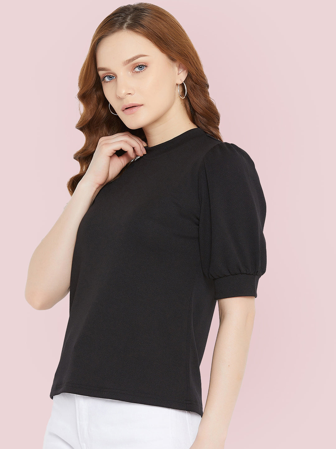 Cotton Solid Stretchable High Neck Puff Sleeve Top