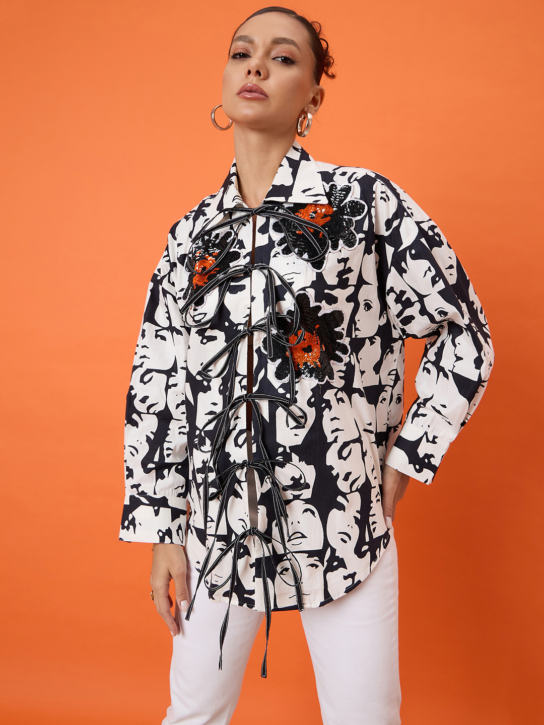 Printed Tie-Up Full Sleeve Sequinned Cotton Shirt