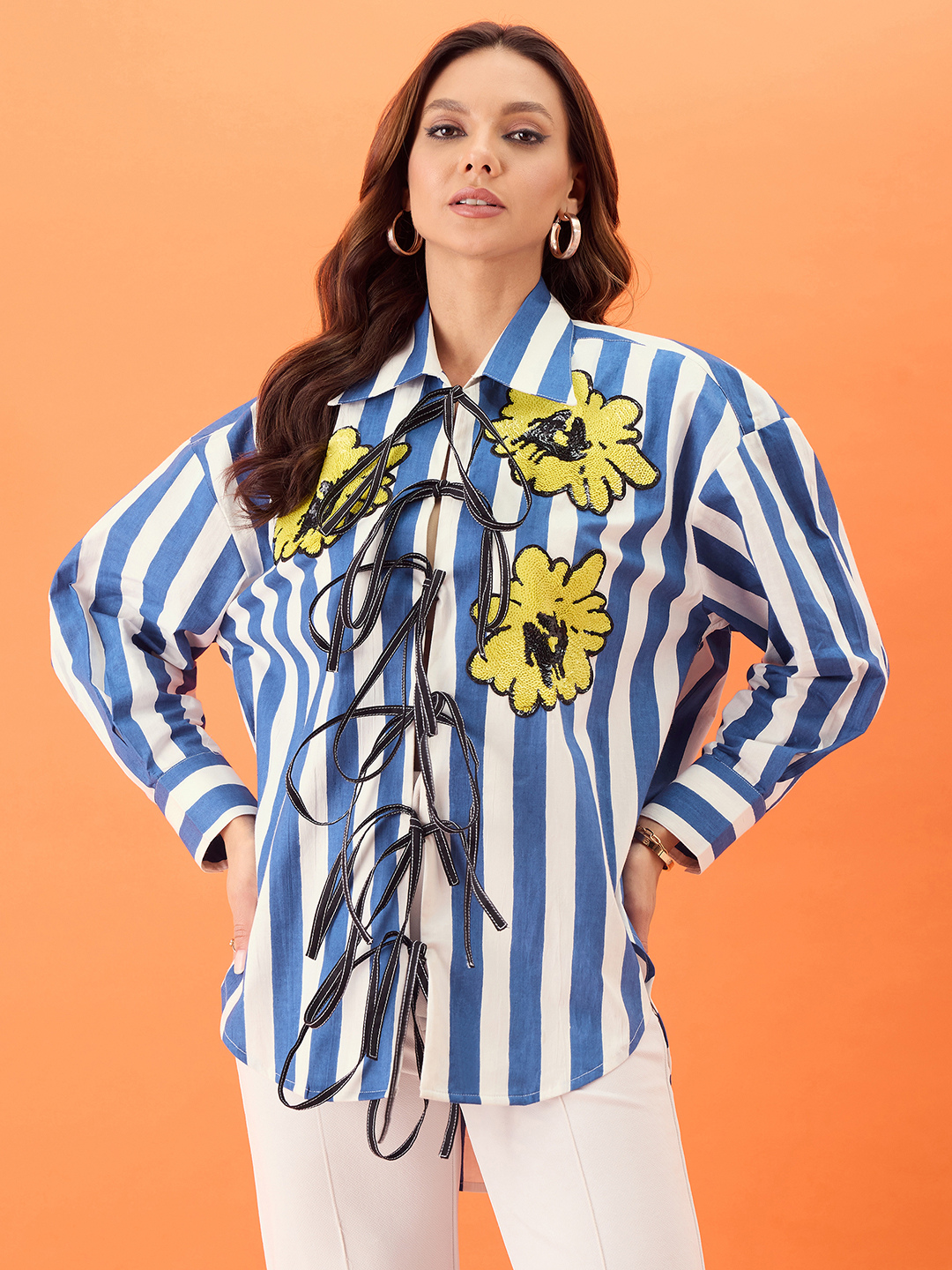 Printed Tie-Up Full Sleeve Sequinned Cotton Shirt