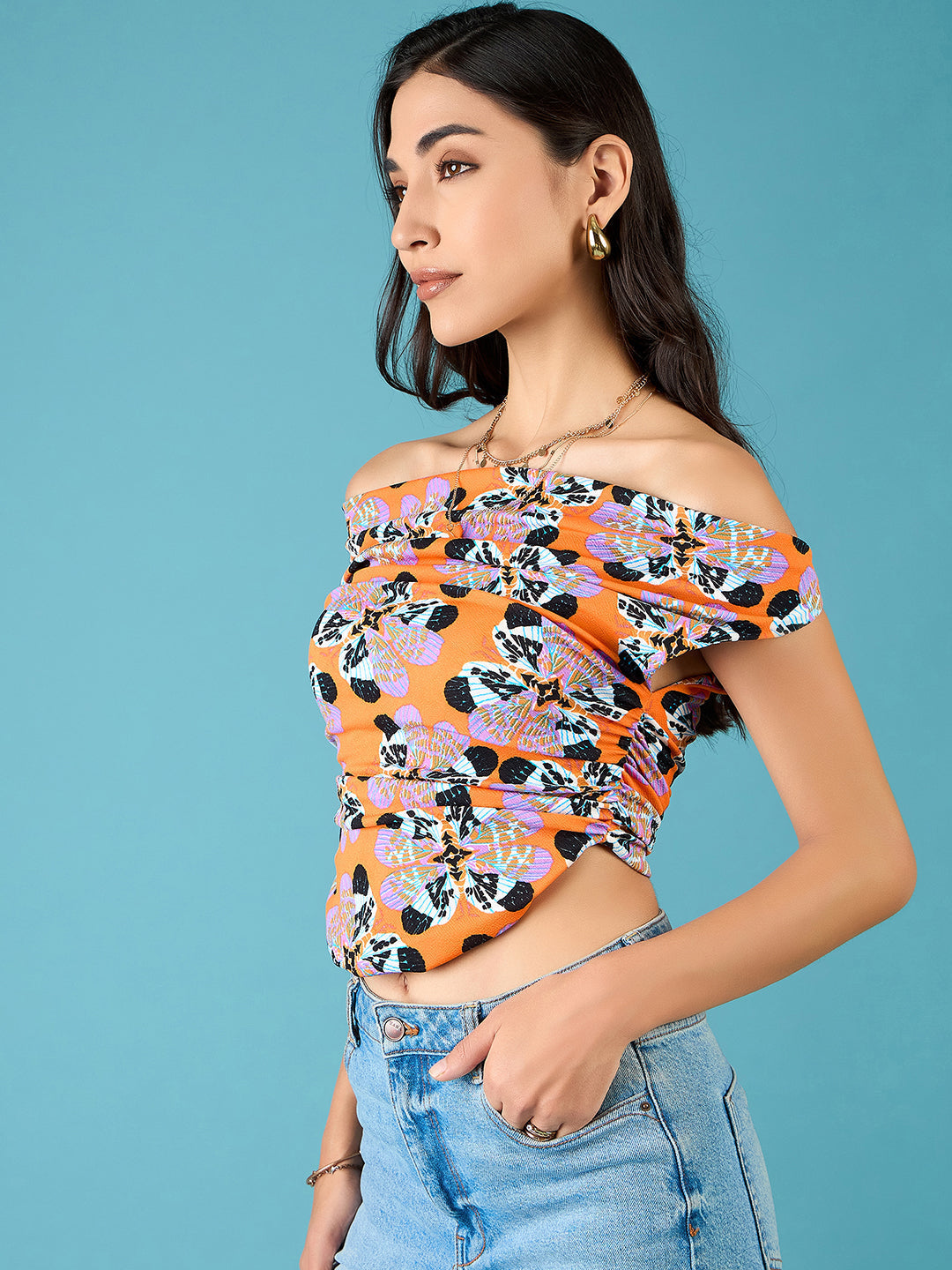 Printed Cotton Stretchable Draped Crop Top