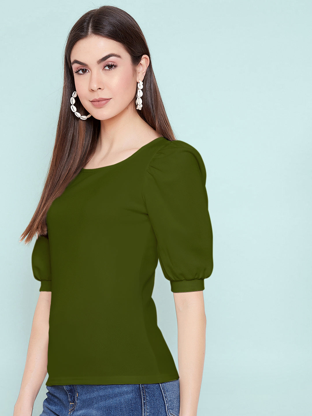 Cotton Stretchable Round Neck Puff Sleeve Top