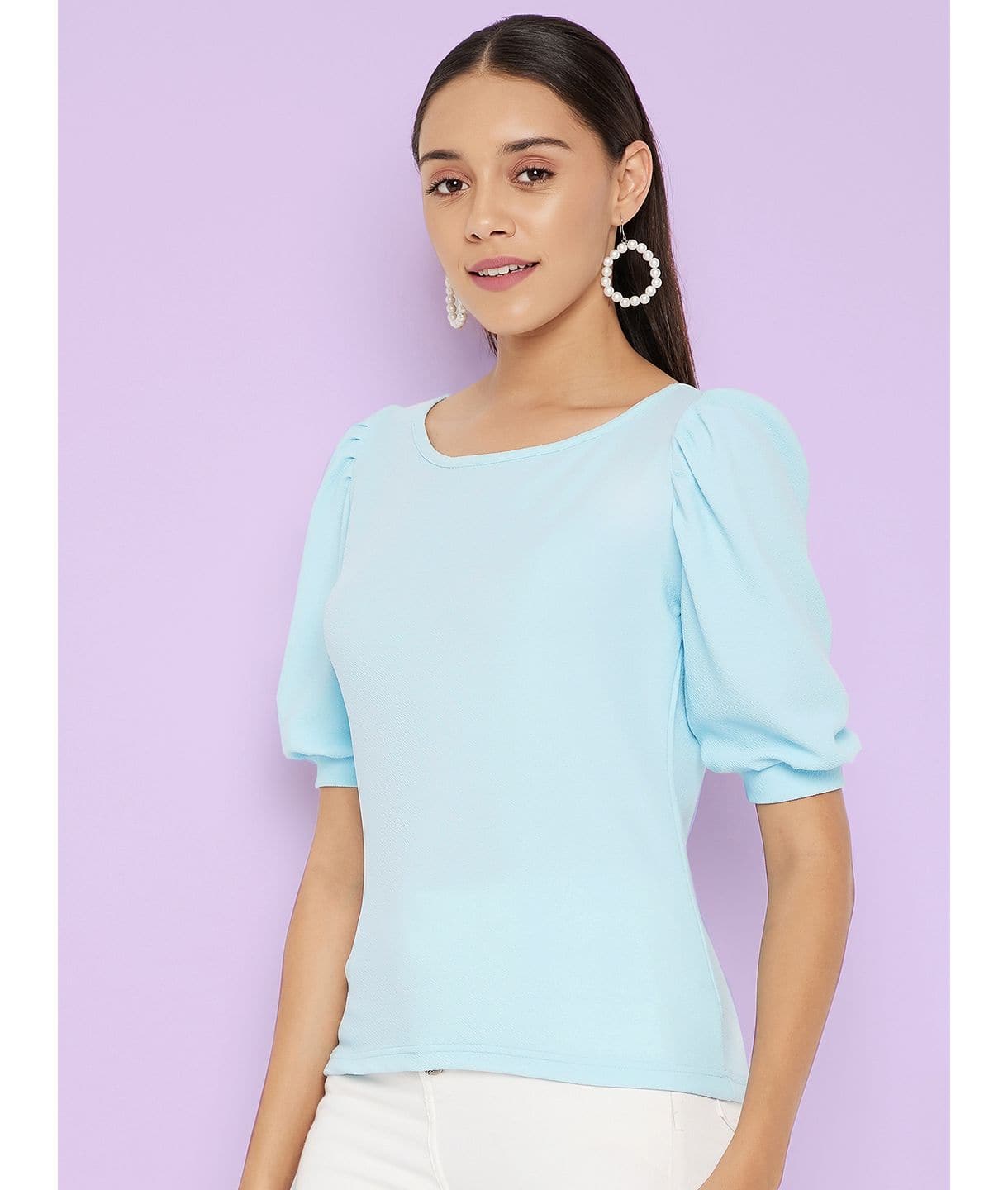 Cotton Solid Stretchable Round Neck Puff Sleeve Top