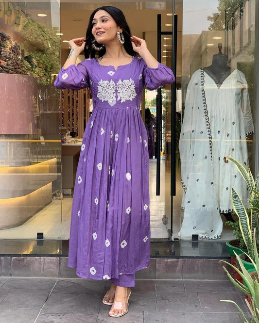 Purple Embroidered Cotton Anarkali Kurta and Pant Set