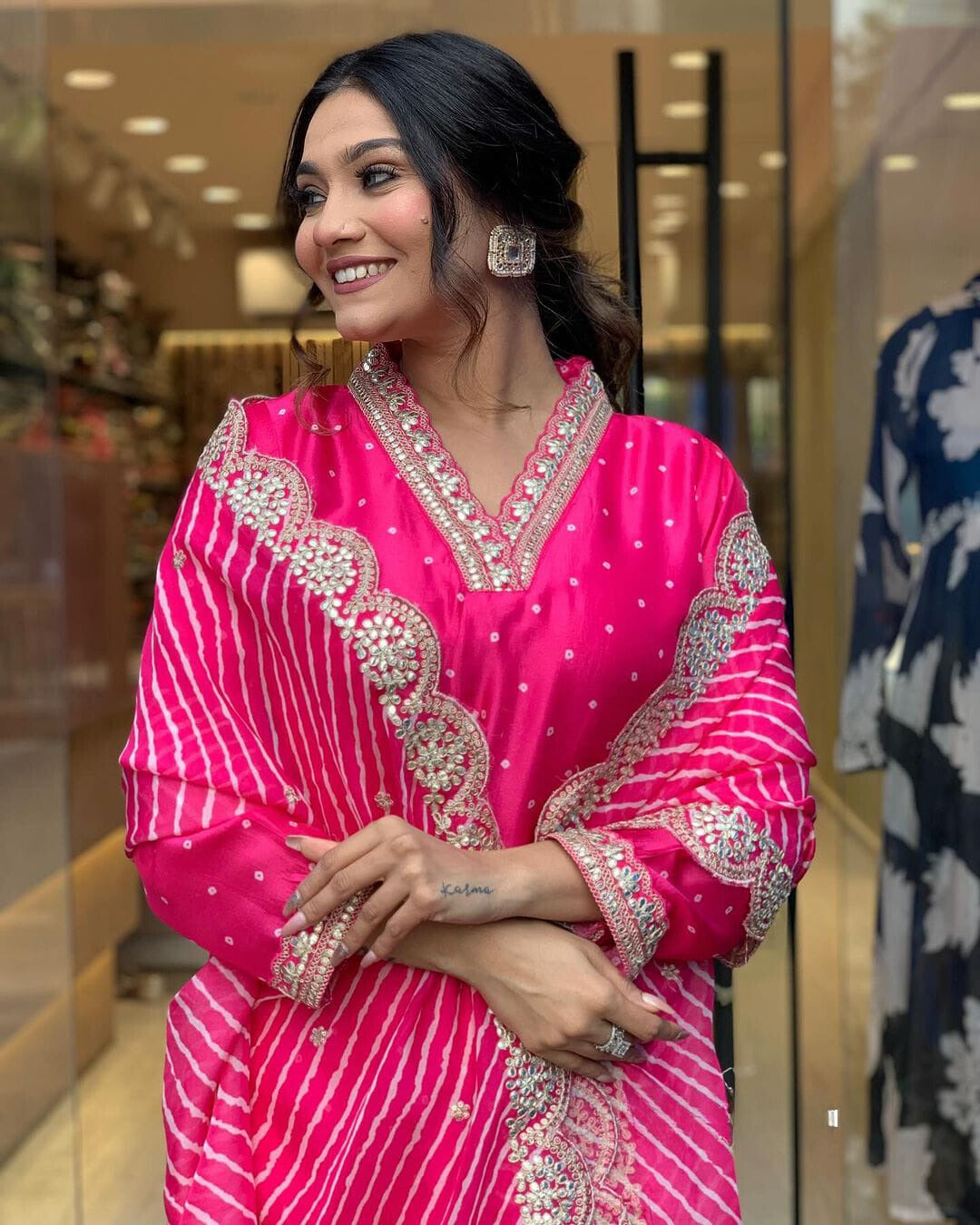 Pink Embroidered Chinon Suit Set with Lehariya Dupatta