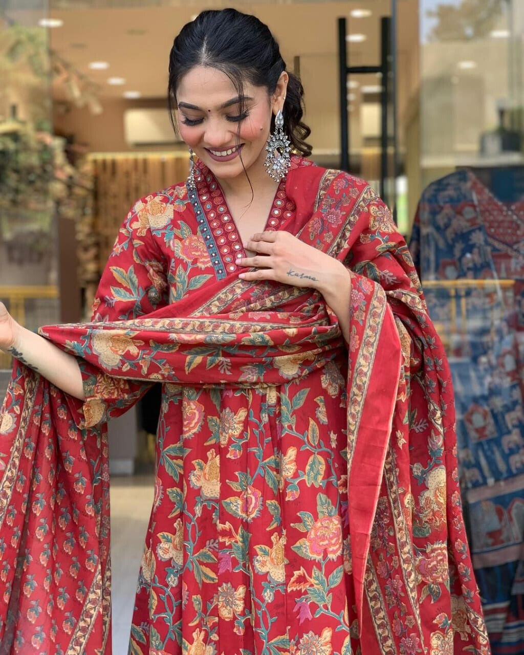 Reddish Floral Printed Cotton Suit Set with Mulmul Dupatta