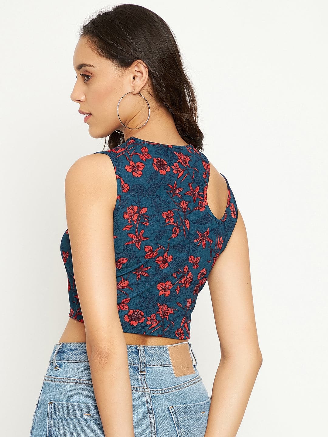 Printed Cotton Stretchable Shoulder Cutout Crop Top