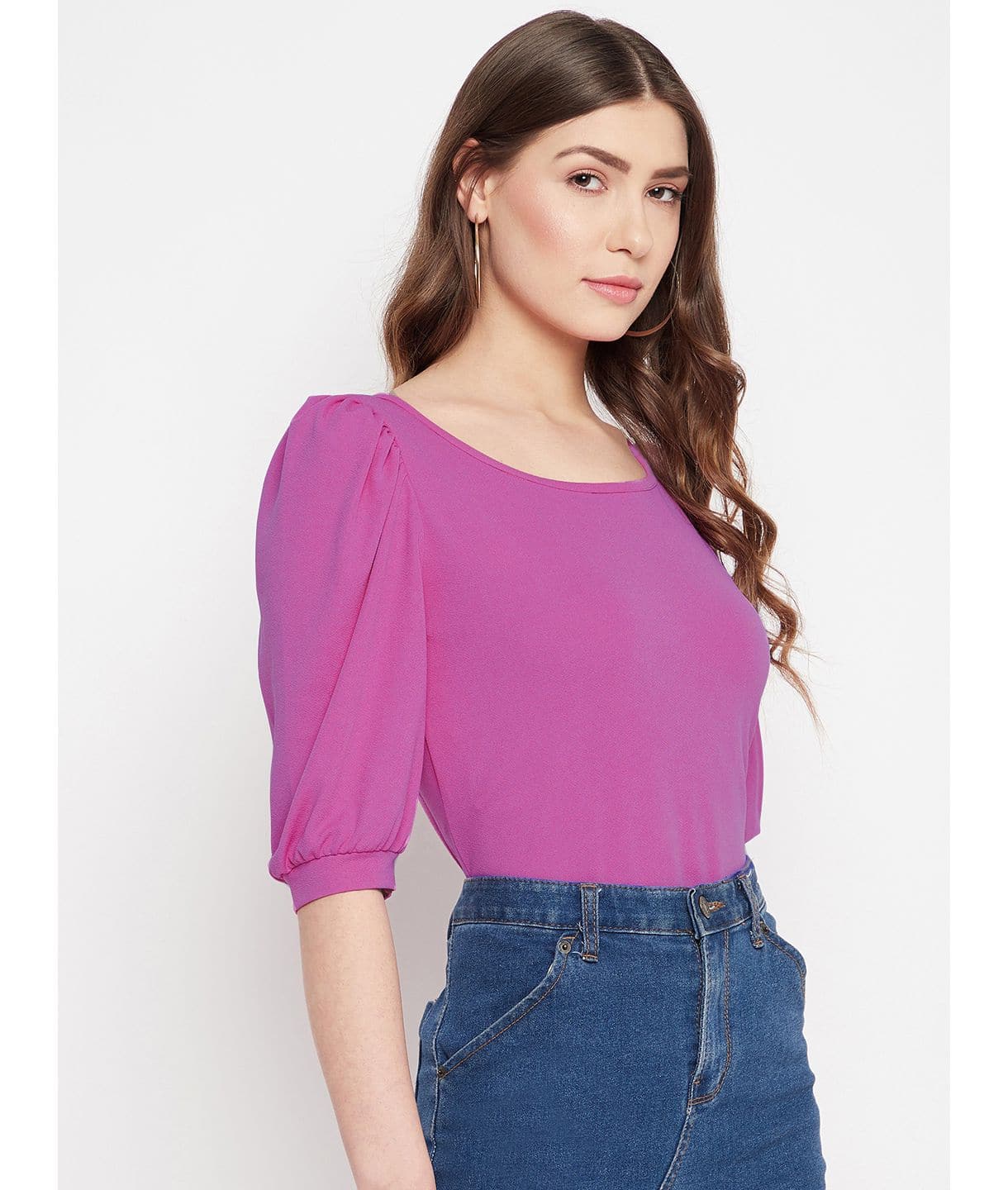 Cotton Stretchable Round Neck Puff Sleeve Top