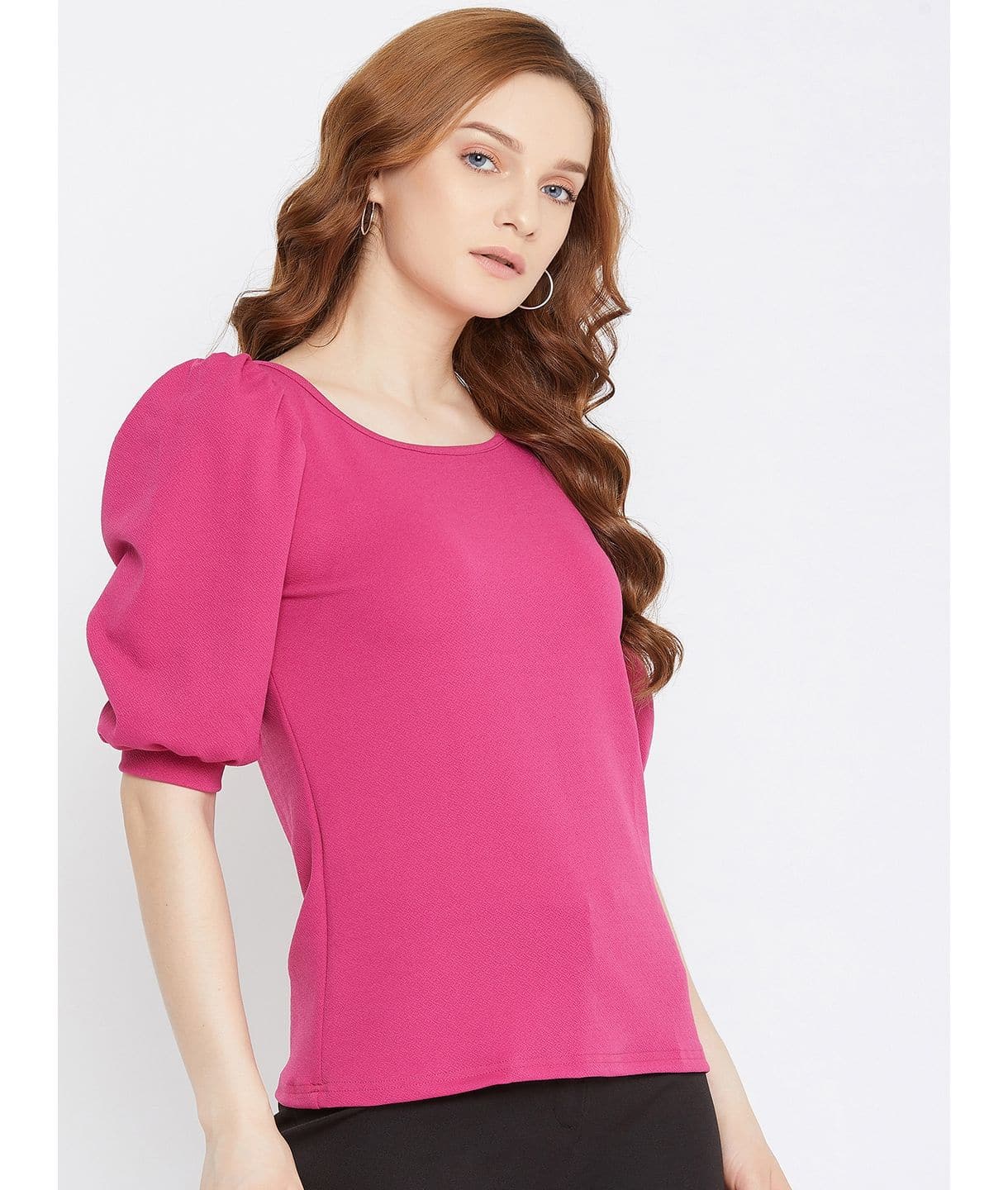 Cotton Solid Stretchable Round Neck Puff Sleeve Top