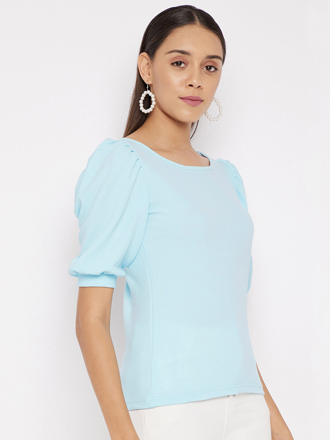 Cotton Stretchable Round Neck Puff Sleeve Top