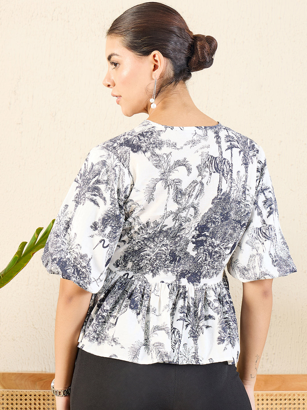 Printed Cotton Tie-Up Peplum Top