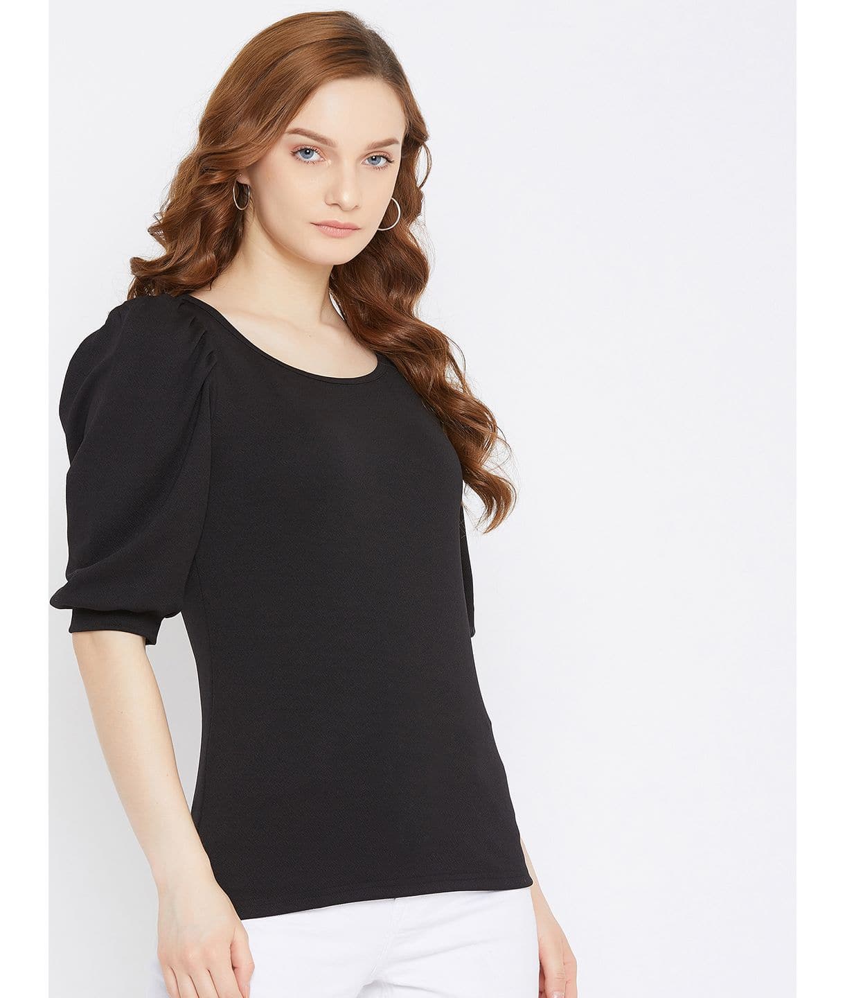 Cotton Solid Stretchable Round Neck Puff Sleeve Top