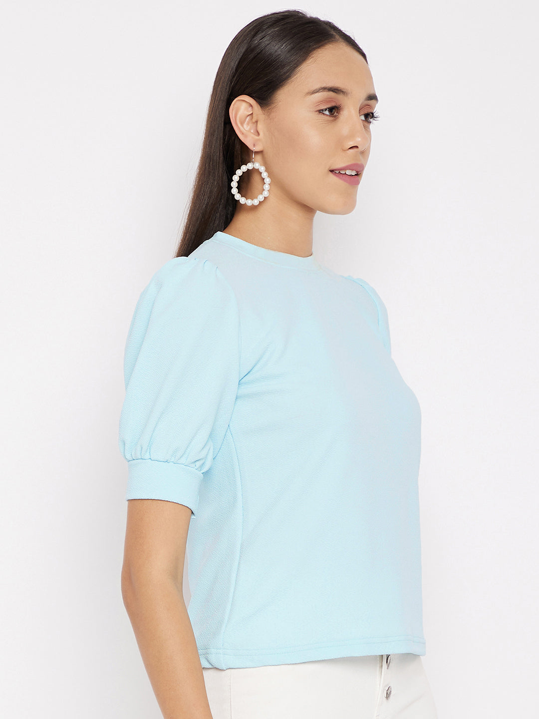 Cotton Solid Stretchable High Neck Puff Sleeve Top