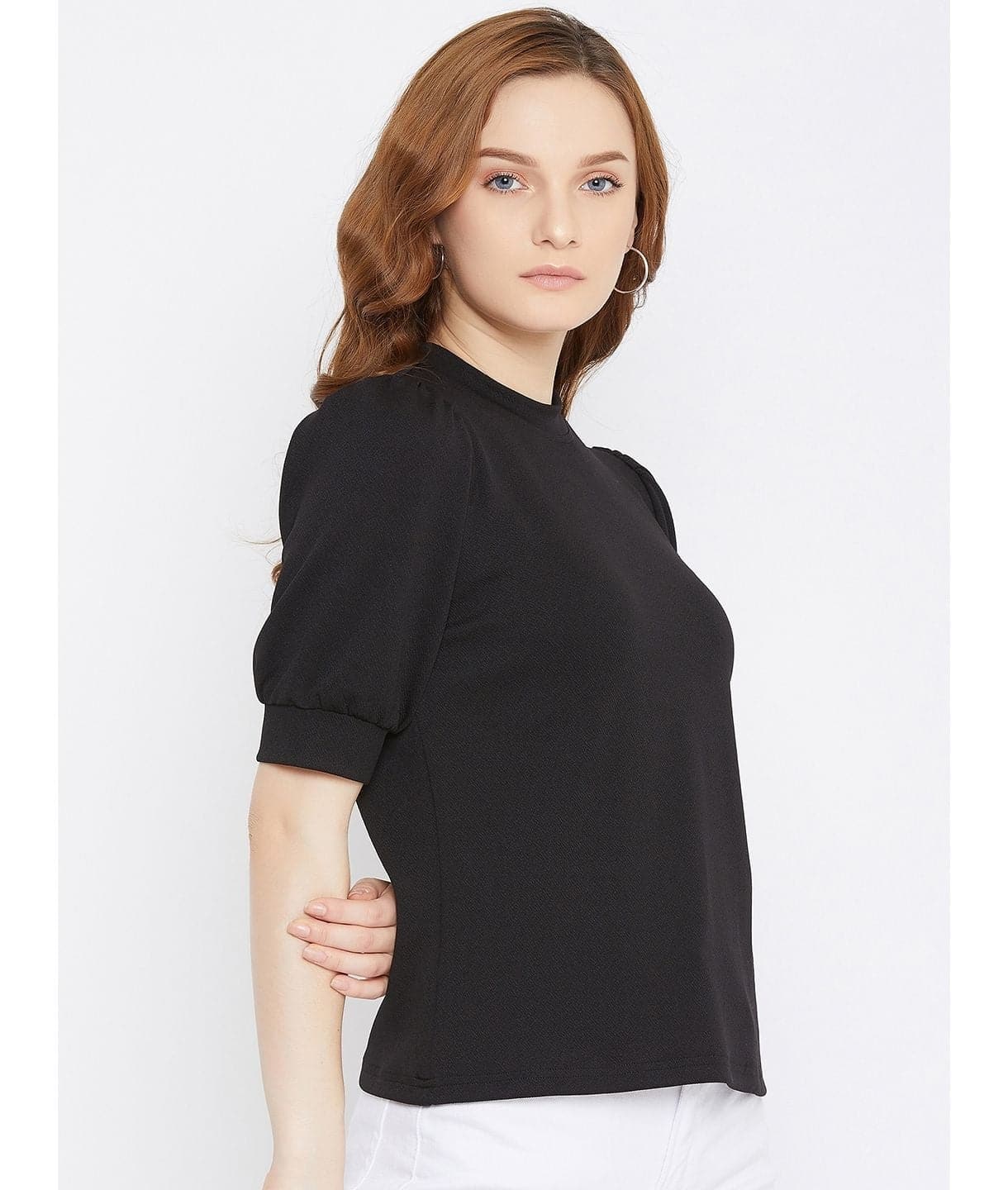 Cotton Solid Stretchable High Neck Puff Sleeve Top