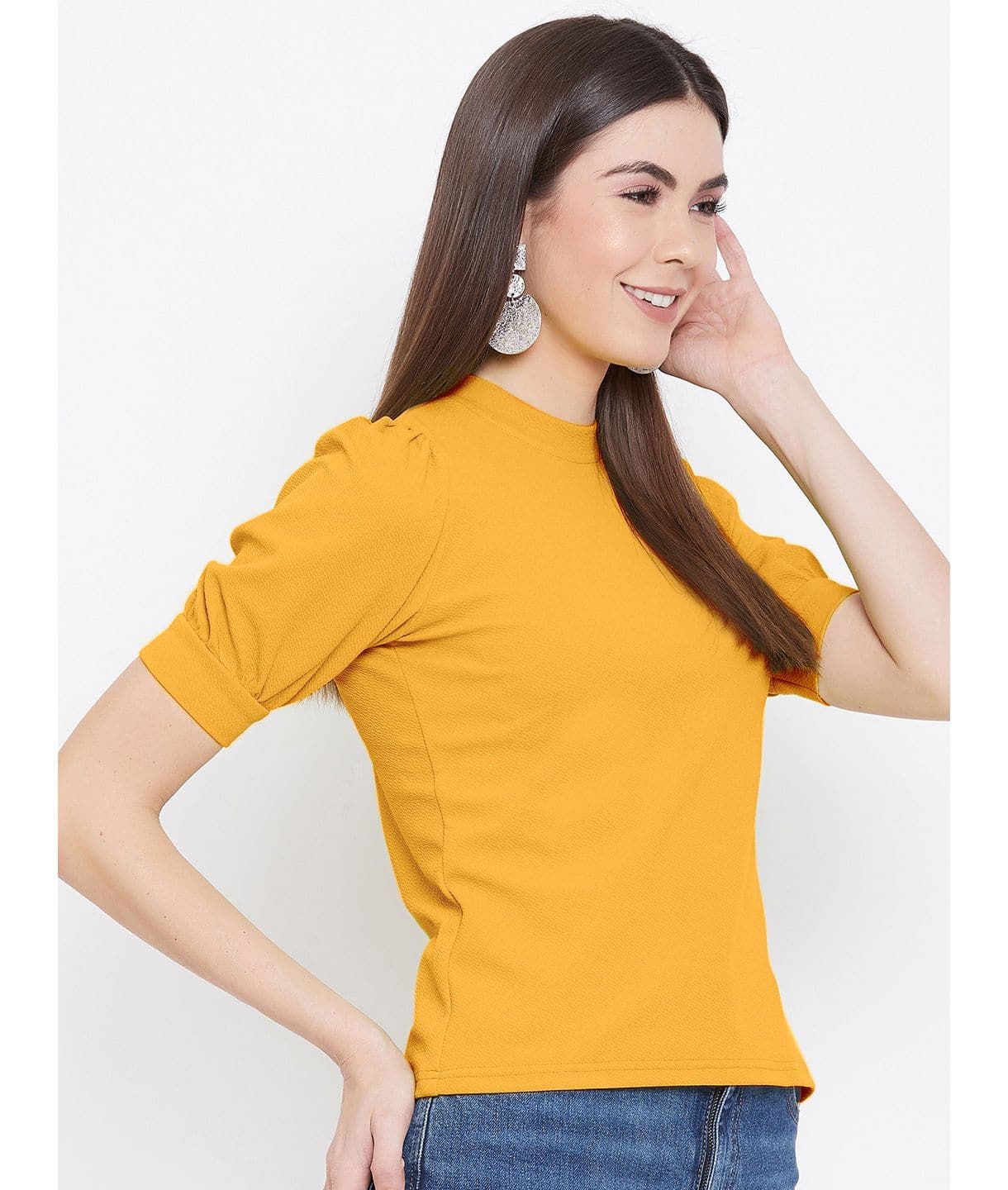 Cotton Solid Stretchable High Neck Puff Sleeve Top