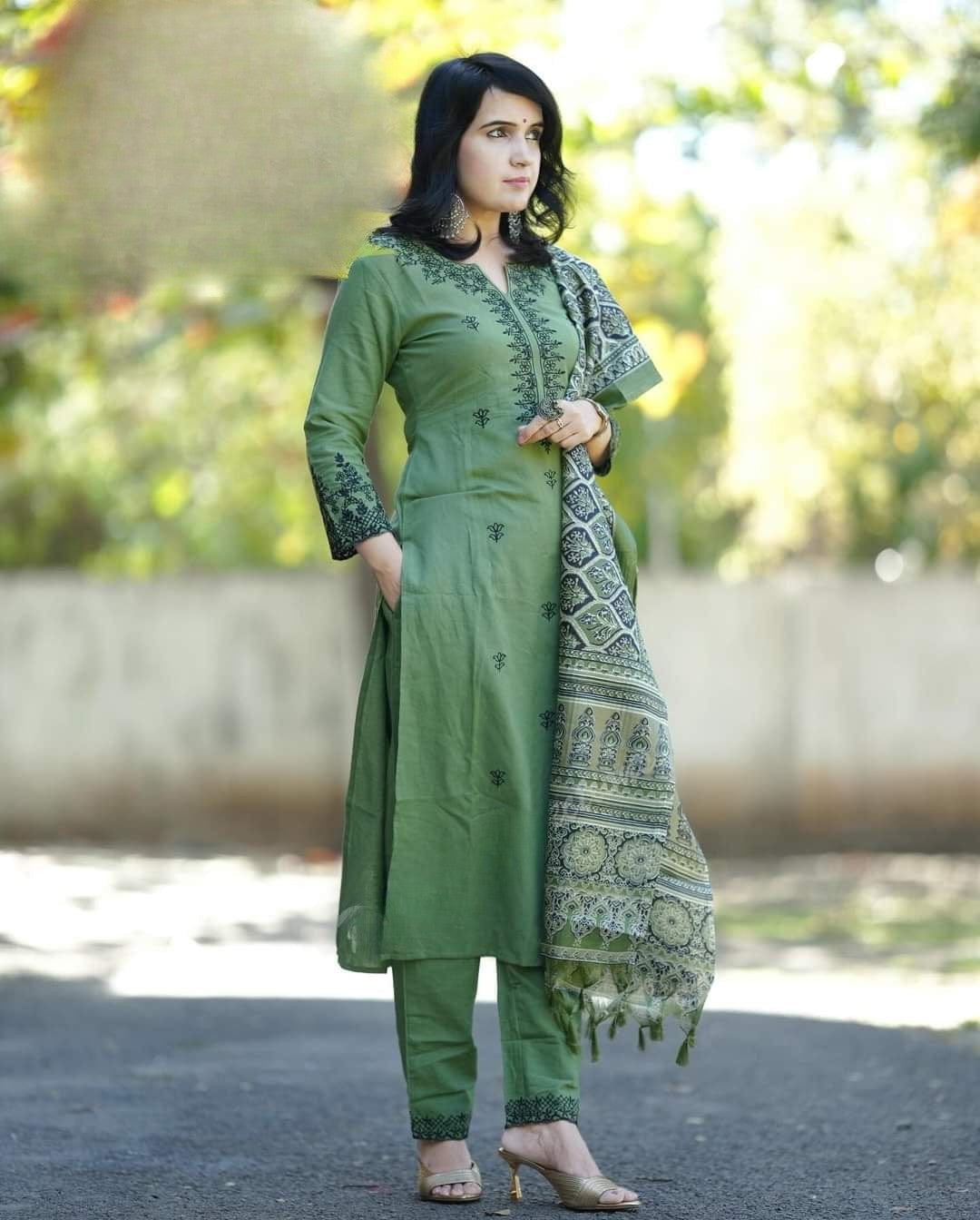 Green Embroidered Cotton Kurta and Pant Set with Dupatta