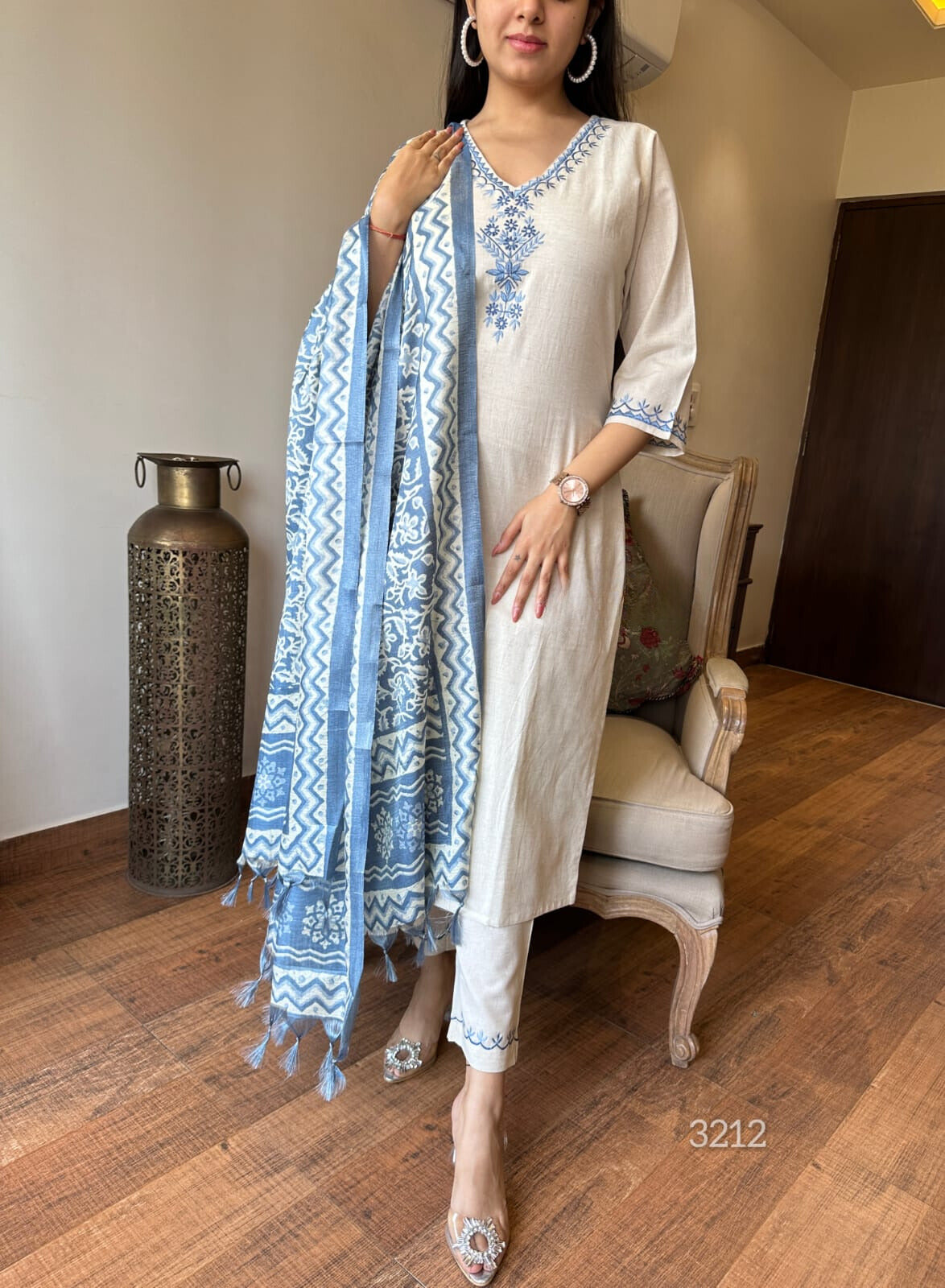 Off White Embroidered Cotton Flex Suit Set with Cotton Silk Dupatta