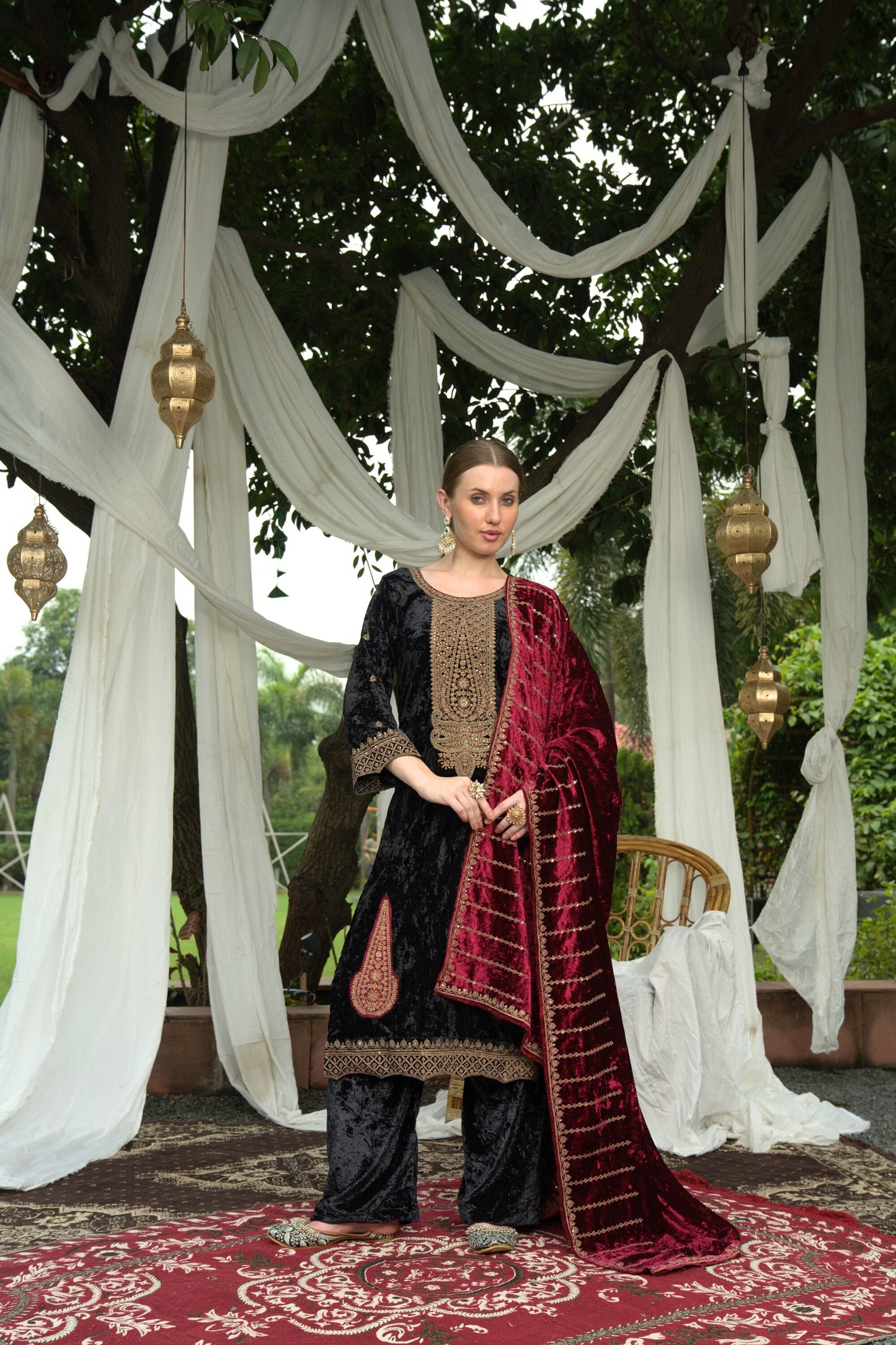 Black Red Designer Velvet Pakistani Suit Set