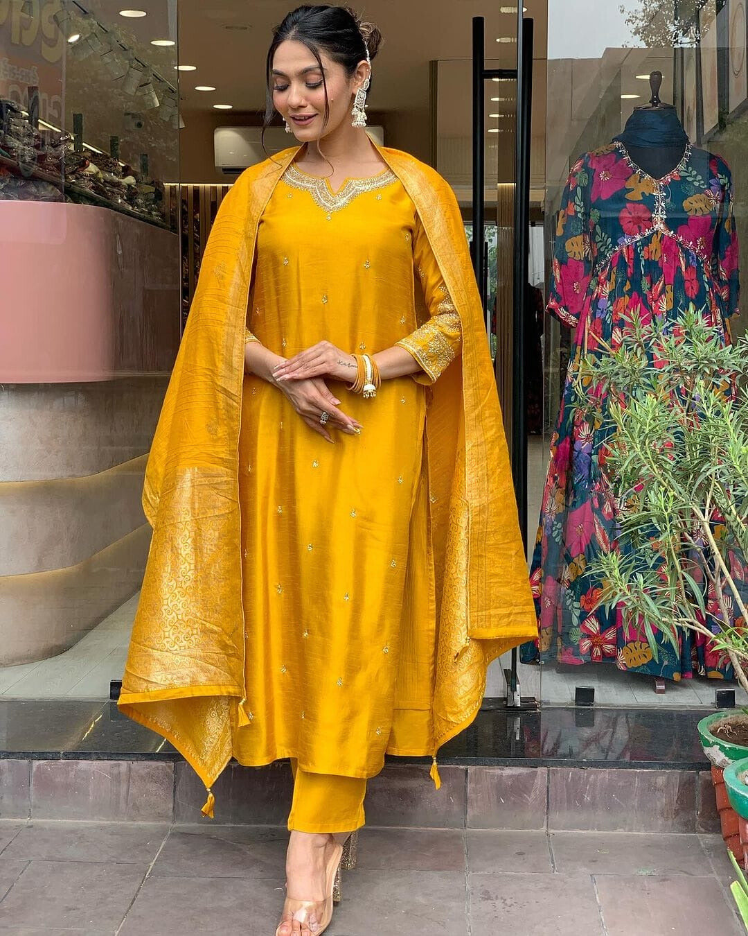 Mustard Embroidered Silk Suit Set with Dupatta