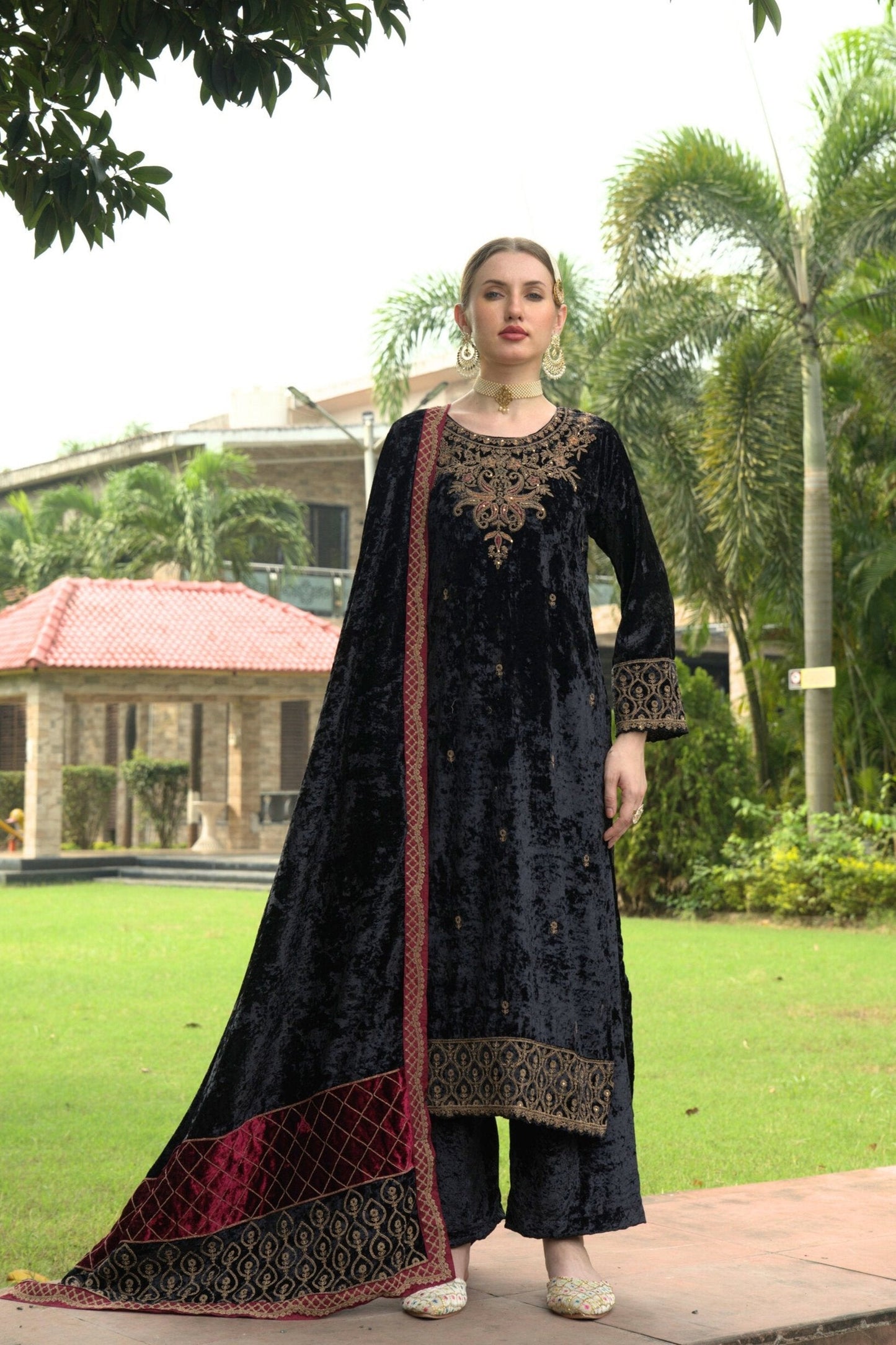 Black Designer Velvet Pakistani Suit Set