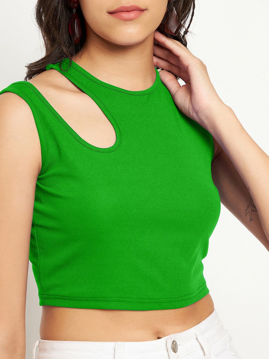 Cotton Stretchable Shoulder Cutout Crop Top