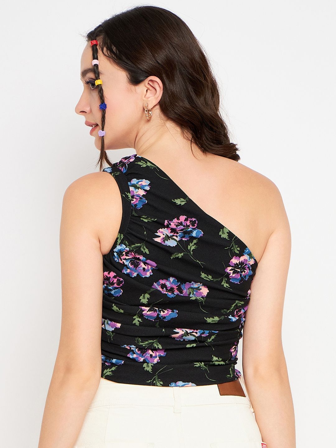 Printed Stretchable One Shoulder Top with Gathered Sides